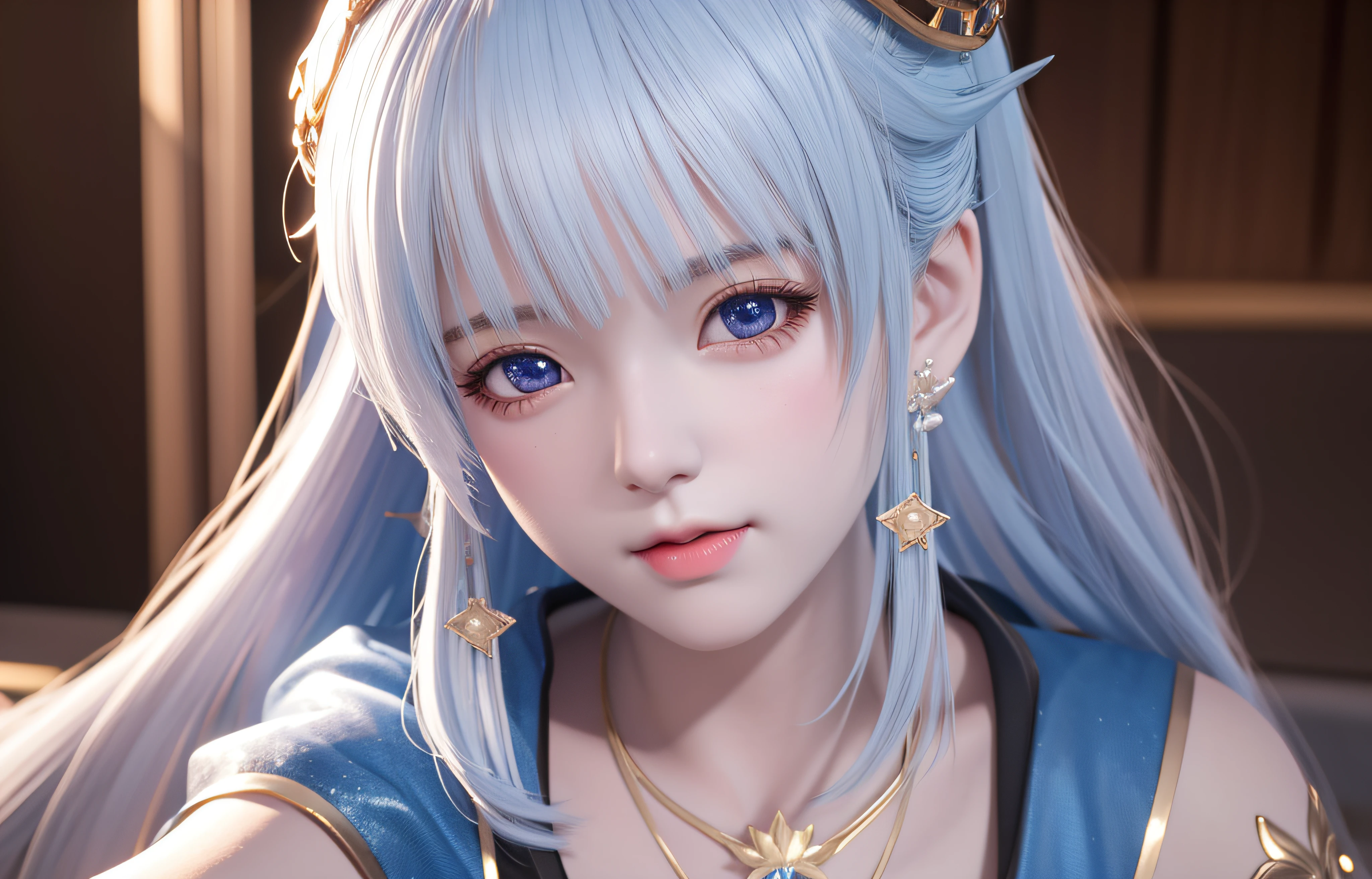 anime girl with blue hair and a crown on her head, Guviz-style artwork, 8k portrait render, 8K high quality detailed art, Smooth anime CG art, photorealistic anime girl rendering, trending on cgstation, 3 D rendering character art 8 K, Fanart Meilleure ArtStation, Realistic anime 3 d style, Kawaii realistic portrait