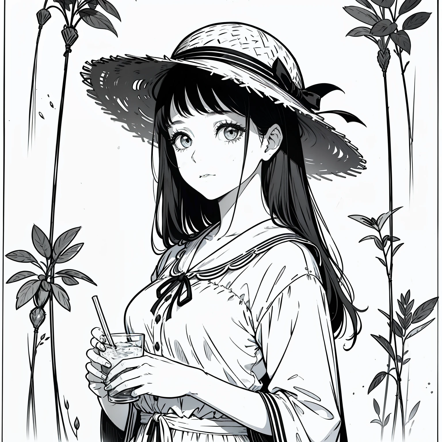 (obra maestra), mejor calidad, en un rio, primer plano, con arte lineal y monocromo, A girl with an intriguing expression and a straw hat in her hand.
