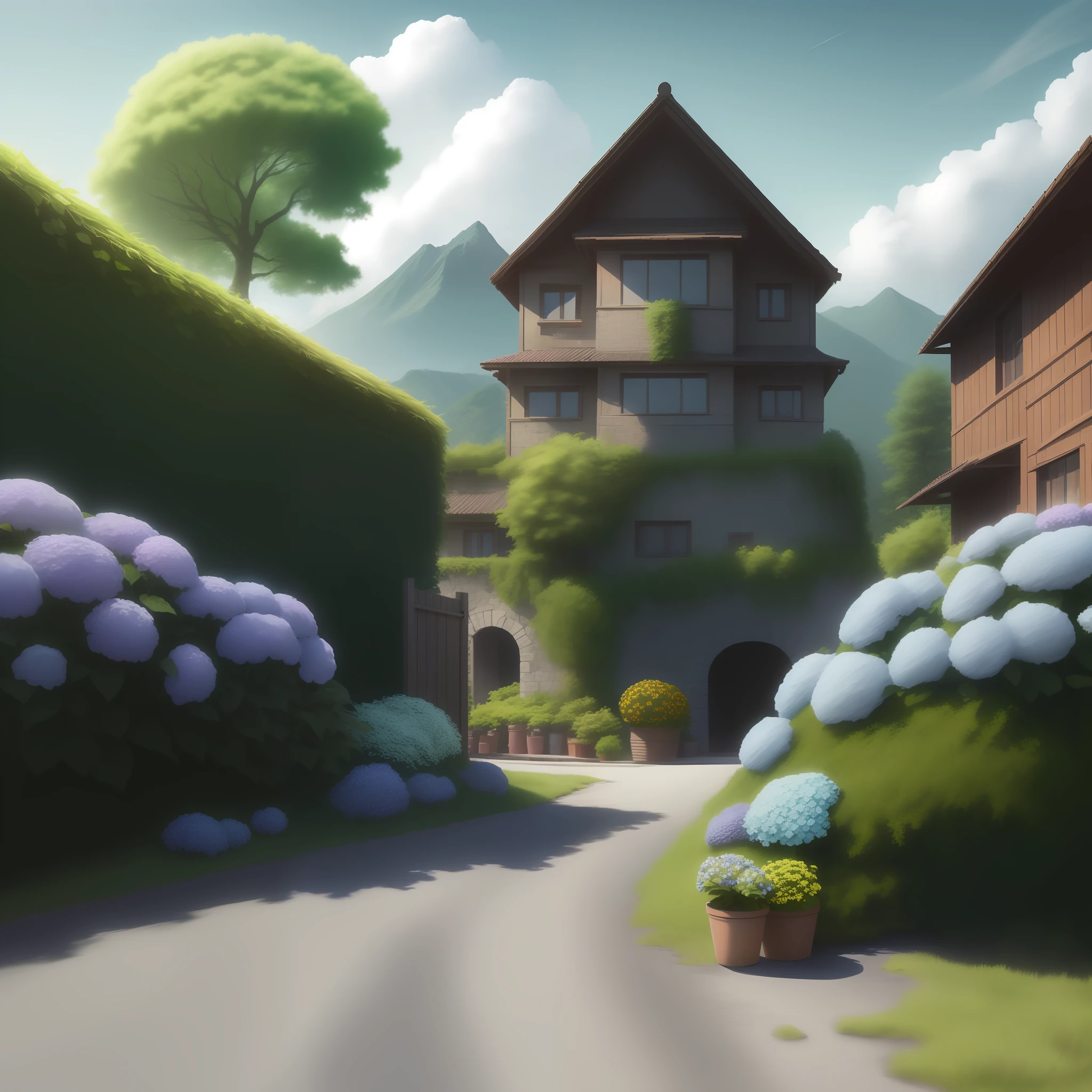 (high resolution, photorealistic, best quality, photorealistic), (8k, raw photo, best quality, masterplece), (photon mapping, radiosity, physical-based rendering, automatic white balance), real person, photography, bridge, construction, bush, city, cloud, day, door, fence, field, forest, garden, grass, house, hydrangea, mountain, nature, No_humans, Outdoor, path, plant, potted_plant, Purple_flower, road, scenery, sky, skyscraper, traditional media, tree,