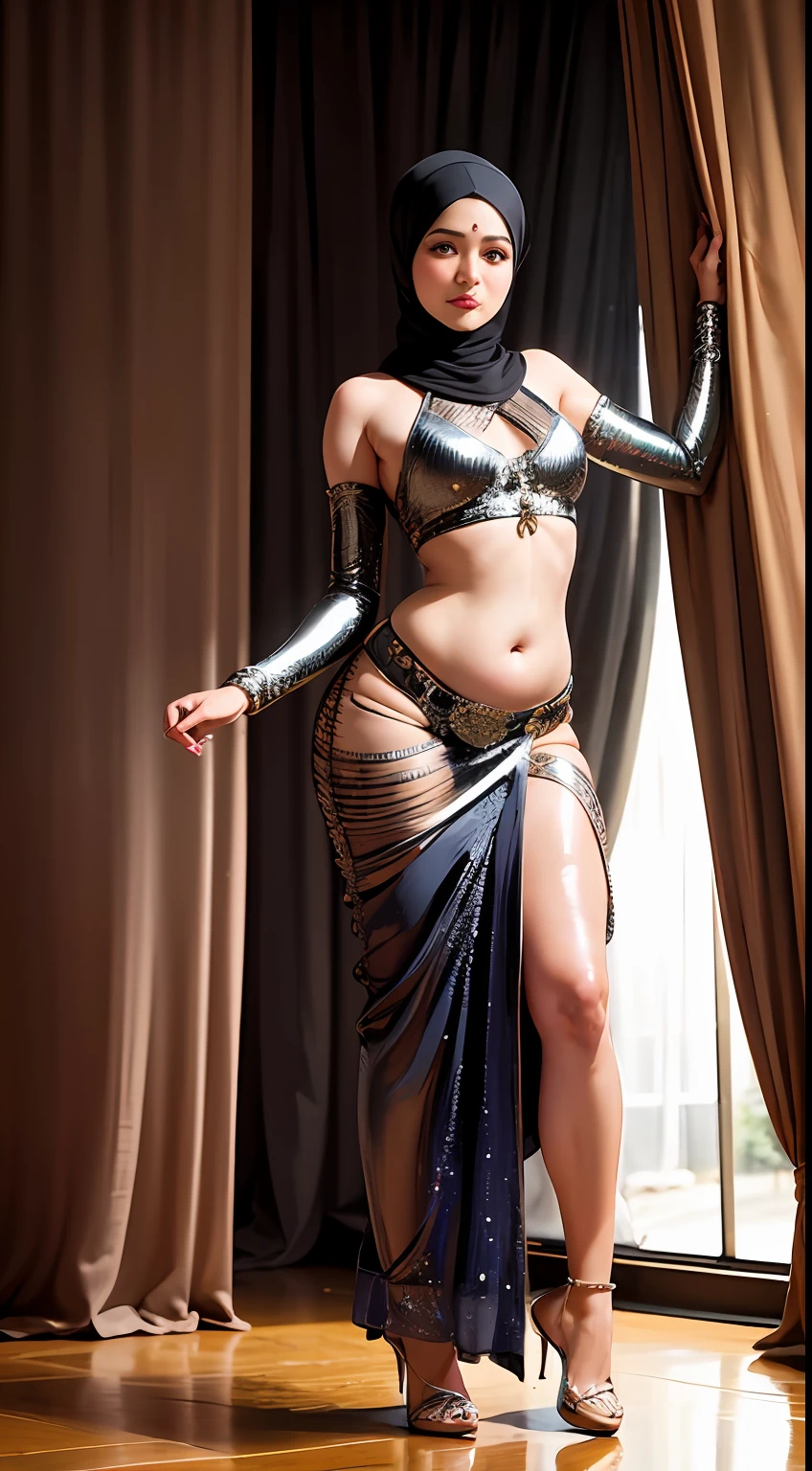 perfect face (hijab:1.3), (small breast:1.3), (chubby:1.2) saree wlop perfect full HDR body exposed midriff curvy indian armpits bellydancer 8k high res knees ankles , (shiny skin:1.6) depth of field (full body shot) (high heels:1.3) black theme (pelvic_curtain:1.3)