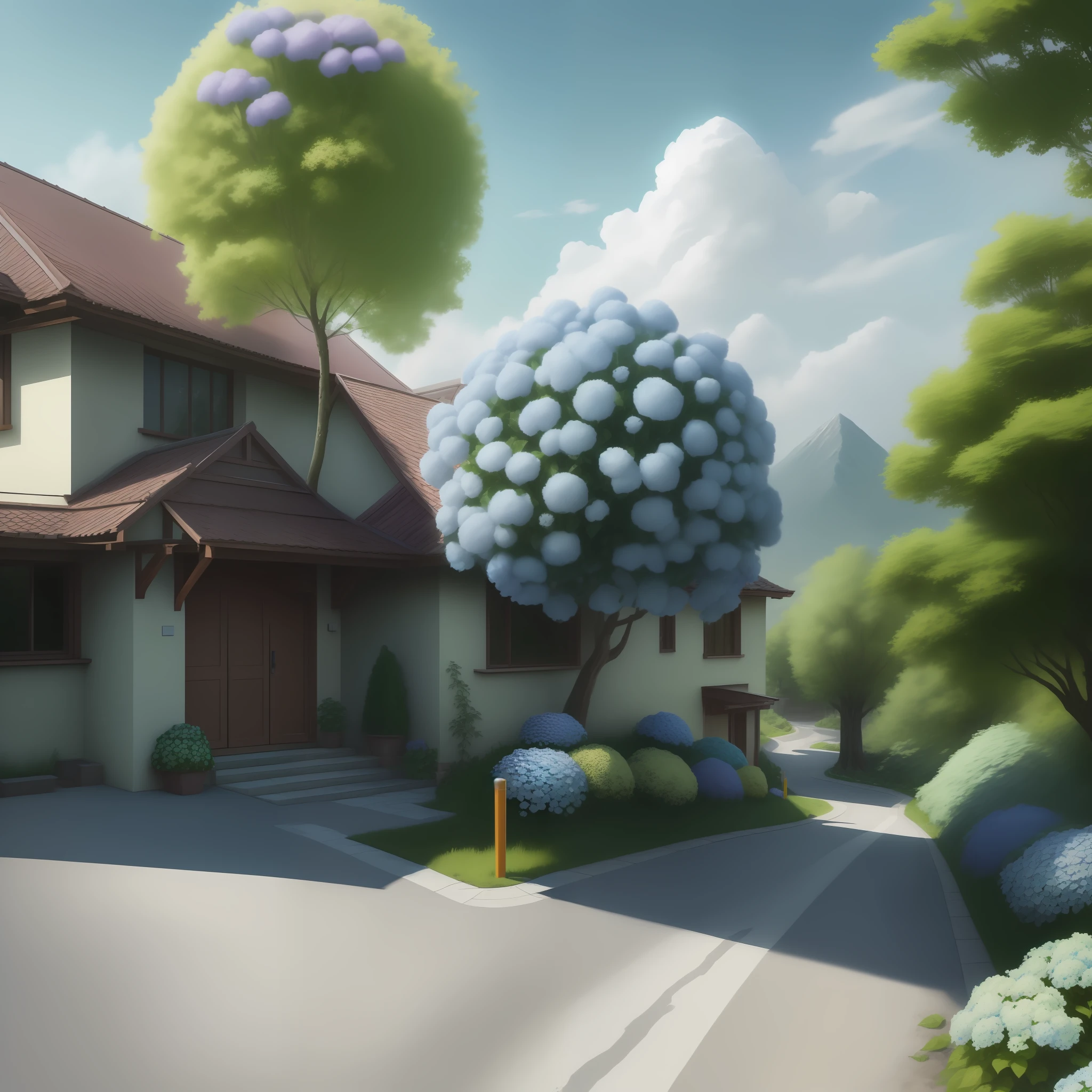 (high resolution, photorealistic, best quality, photorealistic), (8k, raw photo, best quality, masterplece), (photon mapping, radiosity, physical-based rendering, automatic white balance), real person, photography, bridge, construction, bush, city, cloud, day, door, fence, field, forest, garden, grass, house, hydrangea, mountain, nature, No_humans, Outdoor, path, plant, potted_plant, Purple_flower, road, scenery,  sky, skyscraper, traditional media, tree,