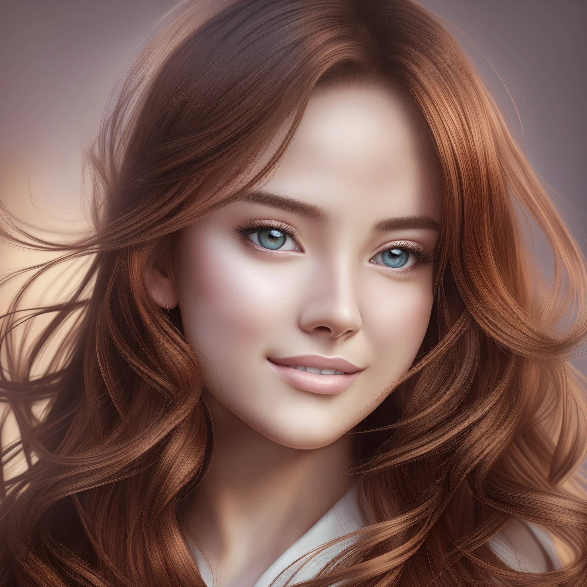 Redhead woman with long hair and earrings posing for a photo, Detailed pretty face, Detailed beauty portrait, Realistic pretty face, Detailed sensual face, flirtatious look, Detailed pretty face, cute smile, Realistic beautiful face, Closeup character portrait, Beauty woman with detailed faces, close-up portrait of goddess, realistic female portrait, stunning digital illustration, beautiful face portrait, detailed attractive face, realistic digital illustration, dslr, 8k