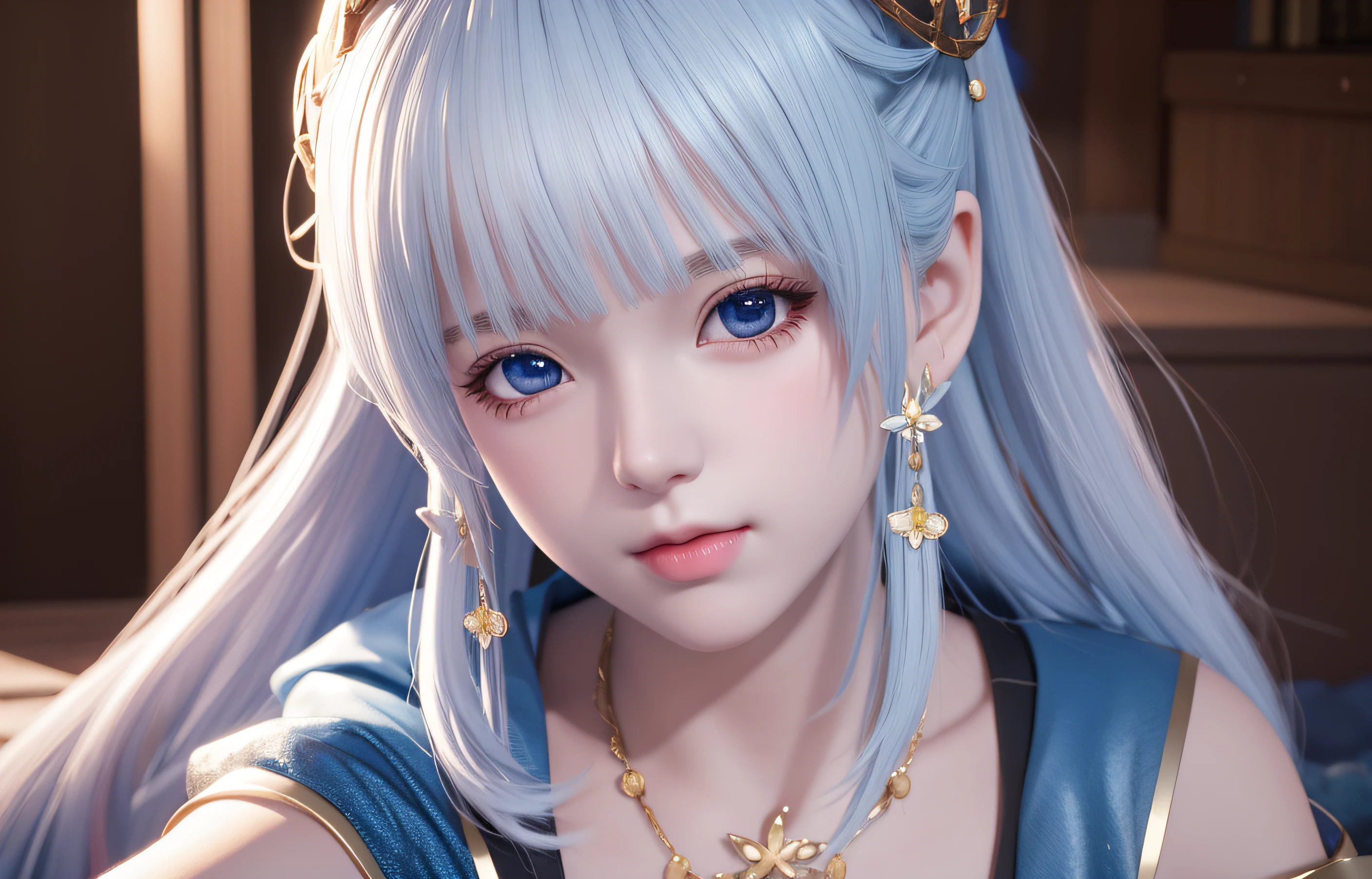 anime girl with blue hair and a crown on her head, Guviz-style artwork, 8k portrait render, 8K high quality detailed art, Smooth anime CG art, photorealistic anime girl rendering, trending on cgstation, 3 D rendering character art 8 K, Fanart Meilleure ArtStation, Realistic anime 3 d style, Kawaii realistic portrait