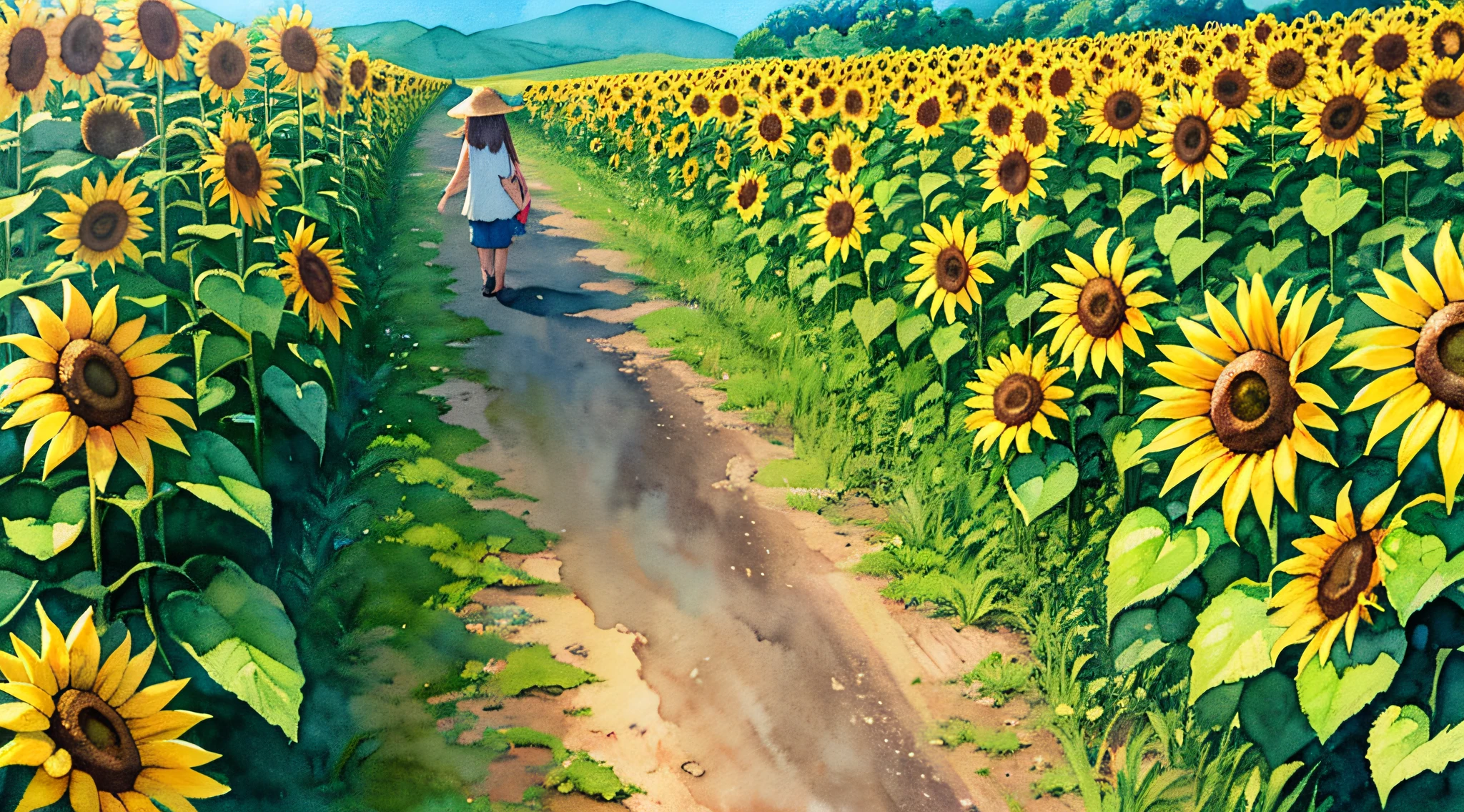 jp、Sunflower field、(daytime:1.2)、((Natural lighting))、Clear Focus、(Long shot:1.1)、(watercolor)、(summer:1.2)、Studio Ghibli