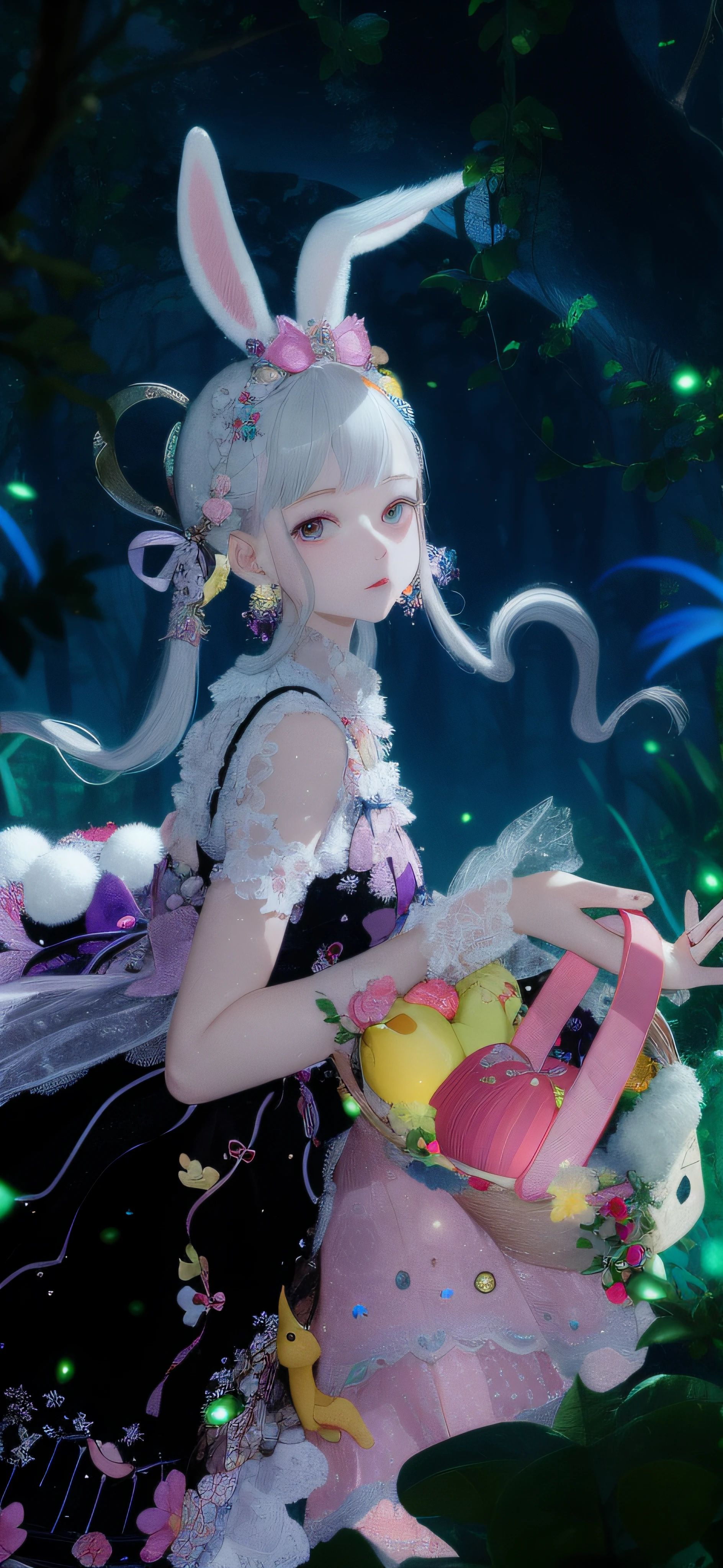 There was a girl in a dress,Holding a basket,in the forest,the night,Fireflies all around,Inside the blue is a gray fluffy rabbit,