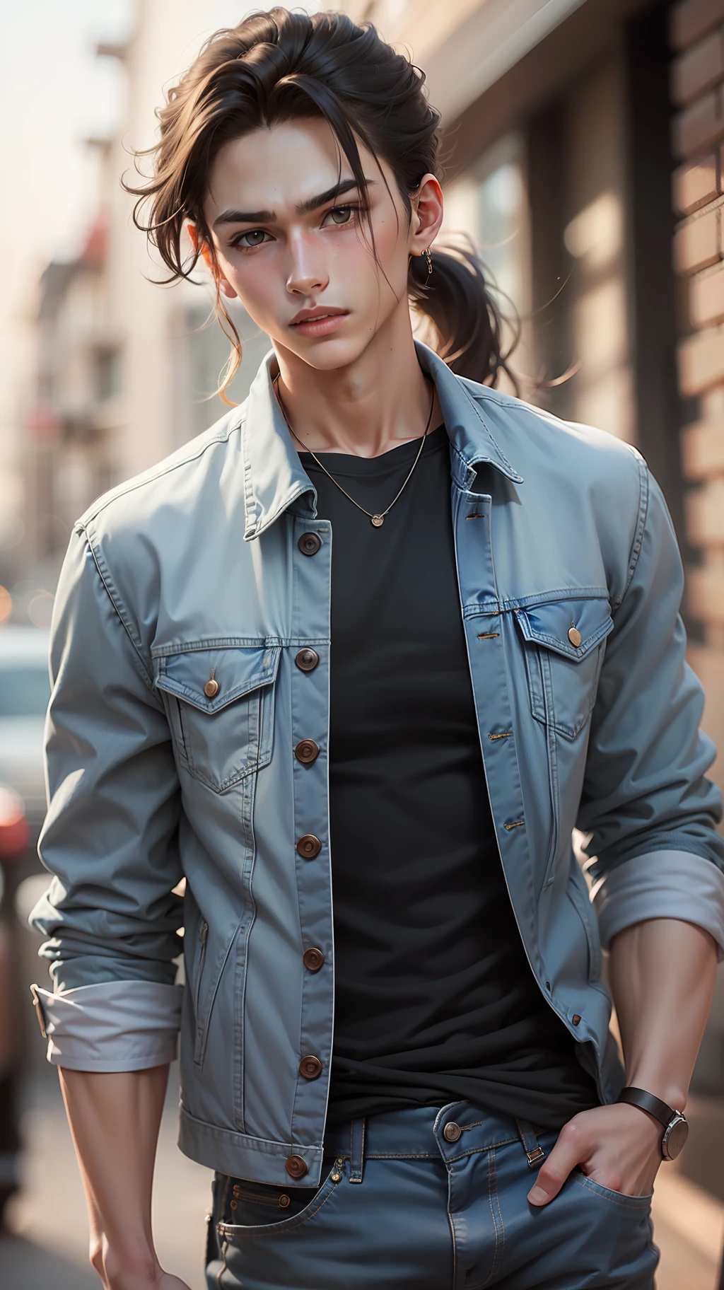 A skinny boy with long tied hair with a ponytail, sharp jawline, and blue denim jacket, and a black tshirt inside.