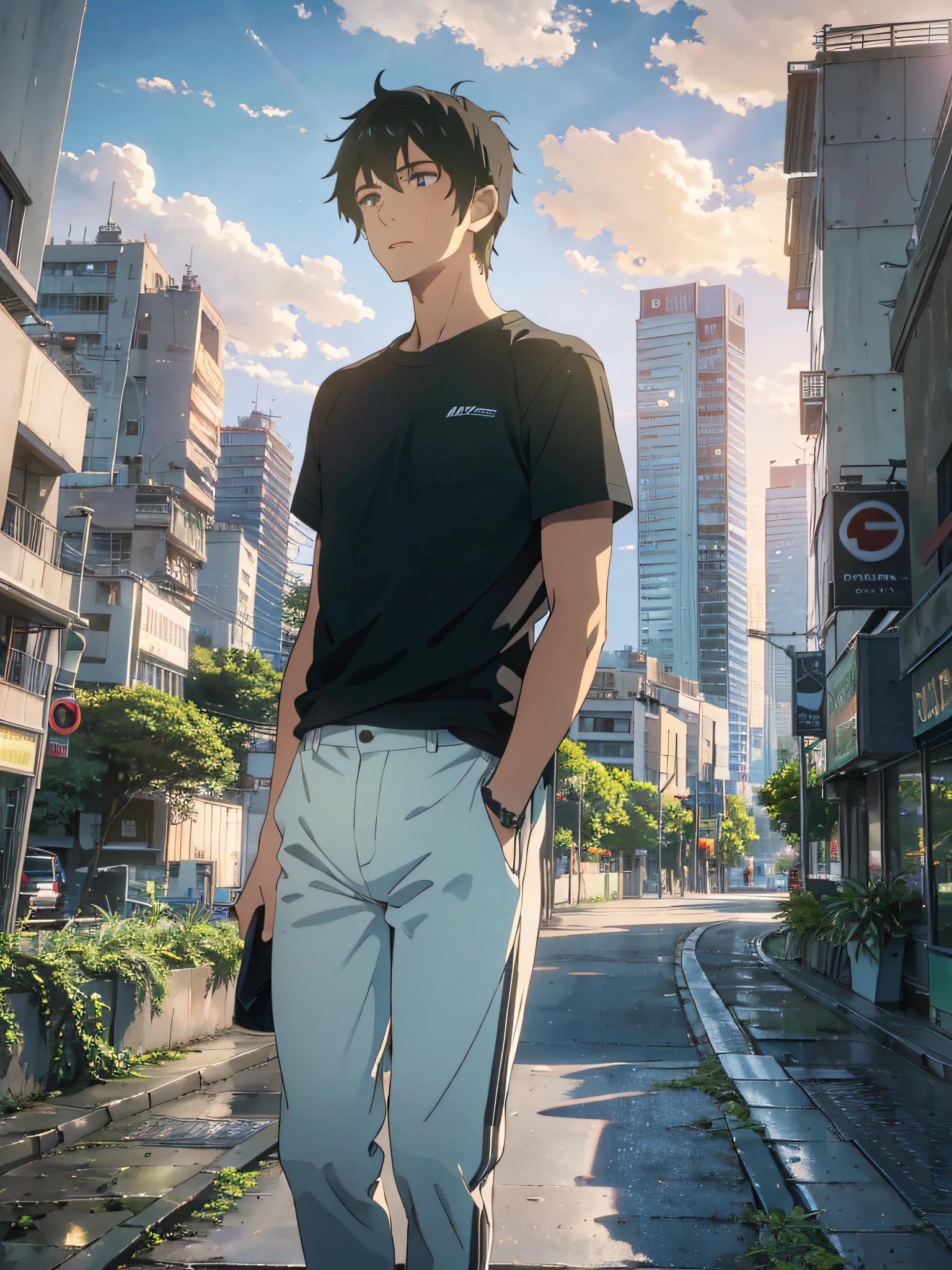 15-year-old male male in white T-shirt looks at a cityMasterpiece, mejor calidad, 1boy, color plano, paleta limitada, bajo contraste, (ligne claire), cabello ????? largo y liso, mirando hacia otro lado, de pie. humo, cielo nocturno, ciudad, puesta de sol, rascacielos, puente, profundidad de campo, ?????, rojo, naranja, brown, autumn, neblina,