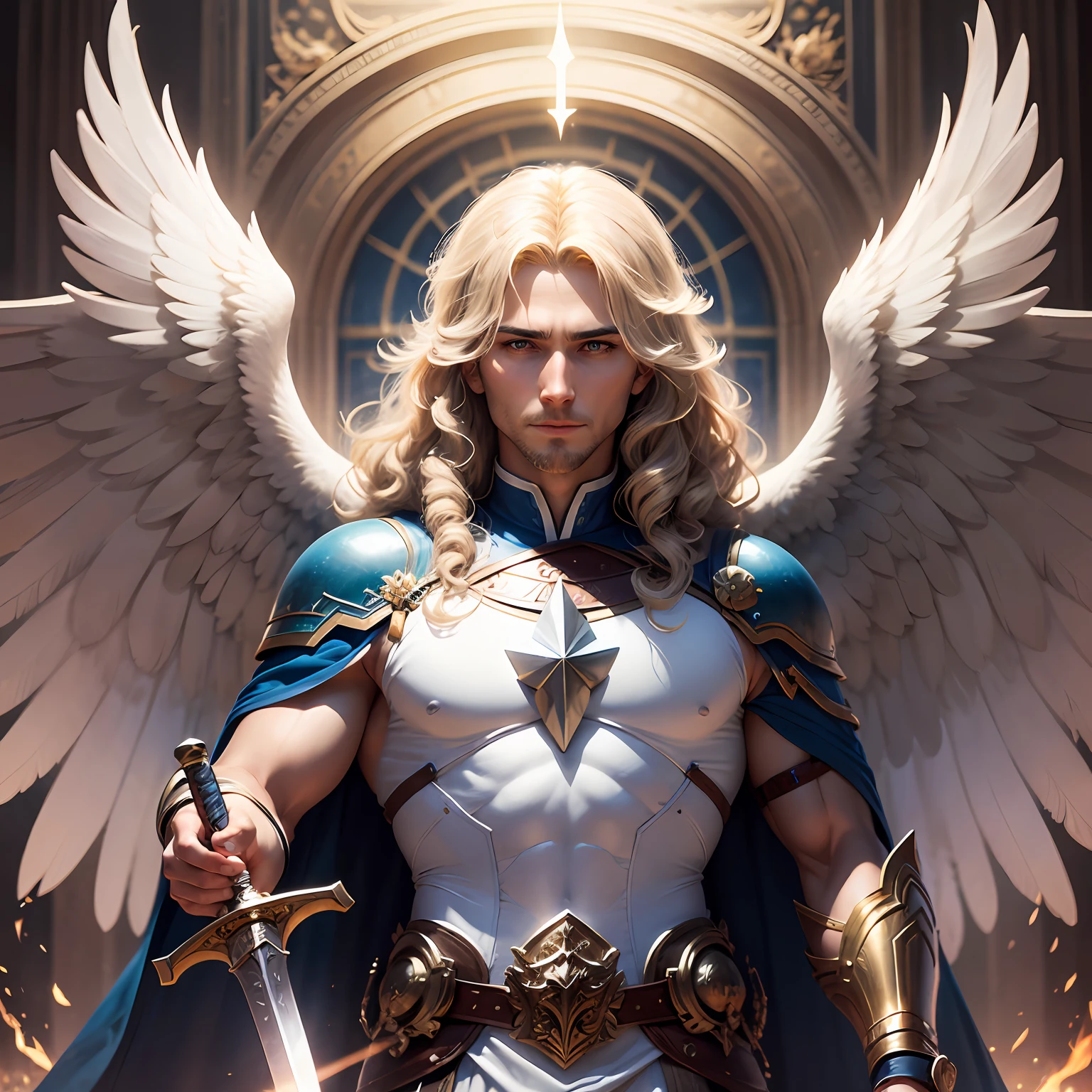 Archangel Michael with sword, blue eyes, big blonde hair, mature age 40 years, Archangel Gabriel with light in his hands, mature age 35 years, Archangel Raphael holding potion Mature age 36 years --auto --s2