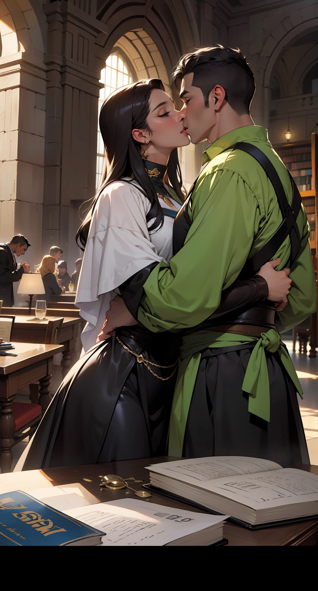 1 homem beijando o ombro da mulher. Cabelo preto, fundo biblioteca (atmosfera medieval), (realista), (obra prima) A mulher tem cabelo preto comprido!