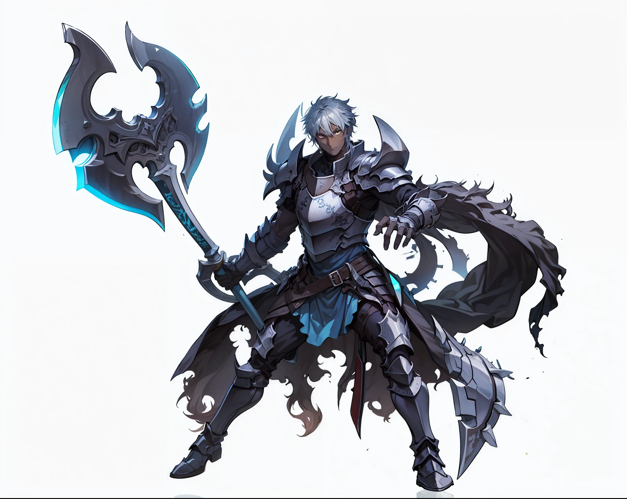 Man: Dark-skinned knight dressed in gothic black armor holding a large axe