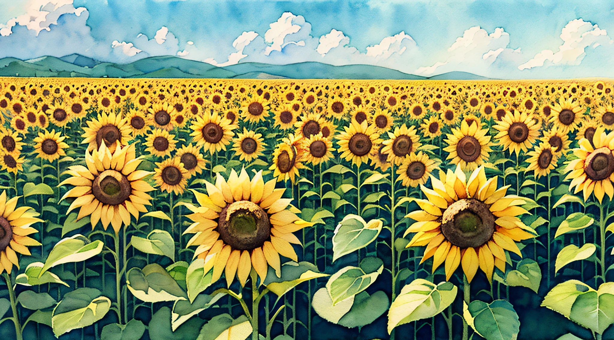 jp、Sunflower field、Aerial view、(daytime:1.2)、((Natural lighting))、Clear Focus、(Long shot:1.1)、(watercolor)、(summer:1.2)、Studio Ghibli
