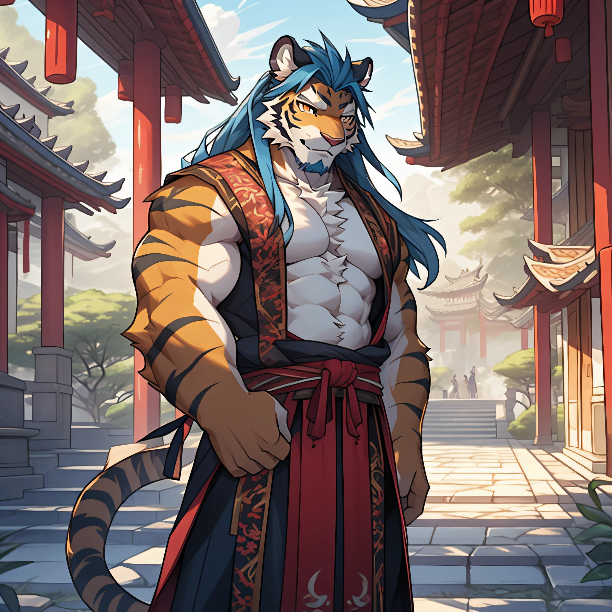 a masterpiece of,China-style,Handsome,virile,gentleness,large tall,A tranquil,exteriors,Wind Comfort, Young men, Posture,(Hanfu,Ming style),(Ming-style architectural background),Orange fur, Golden eyes, Gray-blue hair, Gray-blue beard, Tiger furry, high ponytails, Handsome face,Handsome eyes ,Hairy pectorals, Strong arms,Gorgeous facial features,beautiful-detailed eyes,Complex fur,Detailed face,Perfect skin texture,
