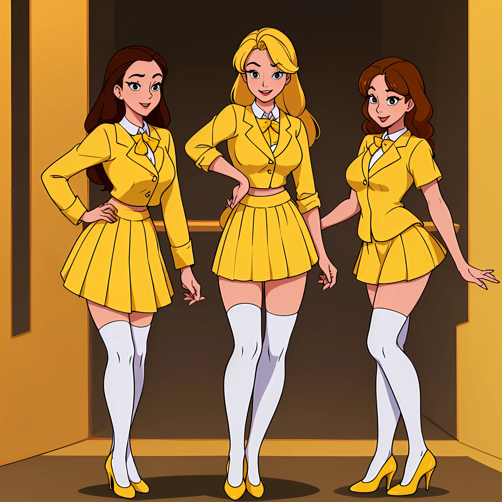 ((Masterpiece, highres)), 10+girls, group, same age sisters, ((brown haired girls, blonde girls)), long hair, curly hair, matching hairstyles, different hair color, confident, elegant, proud smiles, (((matching outfits, identical outfits, yellow school uniforms, sexy school uniforms, yellow blazer, yellow short skirt, white thighhighs, black high heels)))