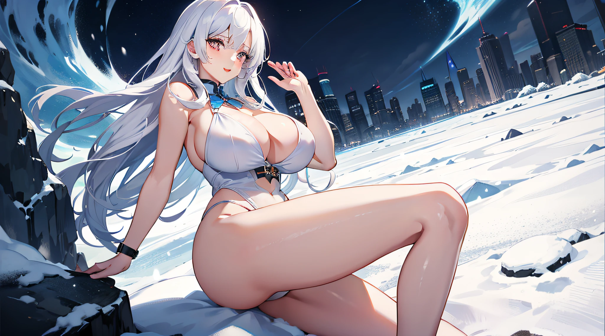 A sexy,Long snow-white hair,Not wearing clothes,AOA,full-size photograph,with no dressing,with no clothing,with no underwear,with no underpants,perfect face,WITH GIGANTIC BREASTS,with Giant cleavage,with perfect arms,with perfect hands,with perfect legs,with perfect feet,Depth of field,high quality graphics,Cinematic lighting effects,a sense of atmosphere