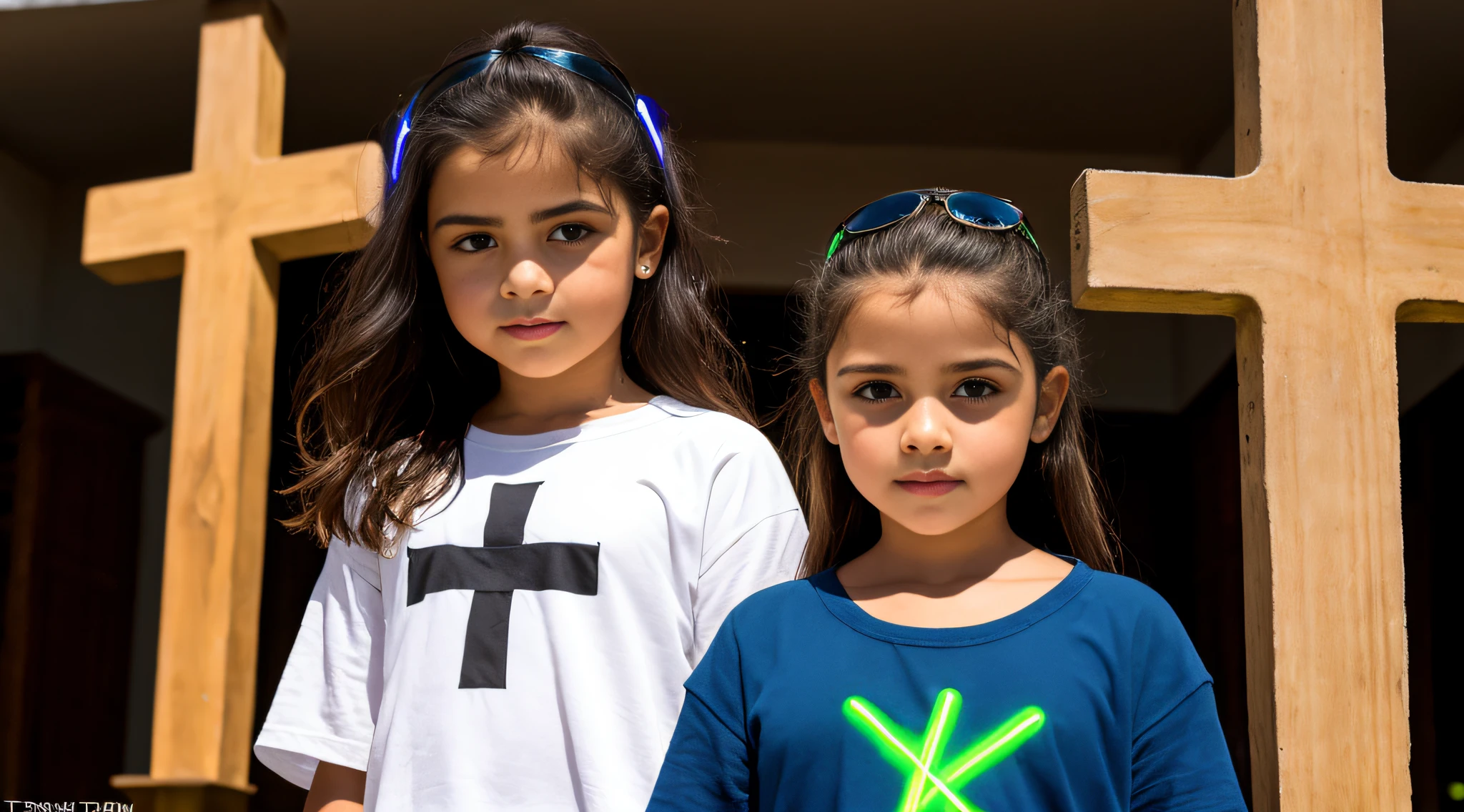 MENINA LOIRA 10 ANOS, cabelos LOIROS muito longos, uma cruz , retrato, foto de zoom detalhada, Crucifixo, Cruzes, cruz, neon cross.