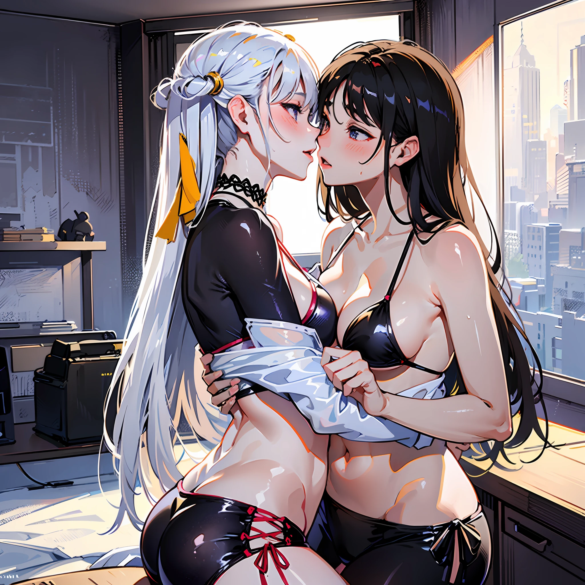 (шедевр:1.4)、two girl、the kiss、student clothes、maicro bikini、Sweating、holding each other、blushing、is in estrus