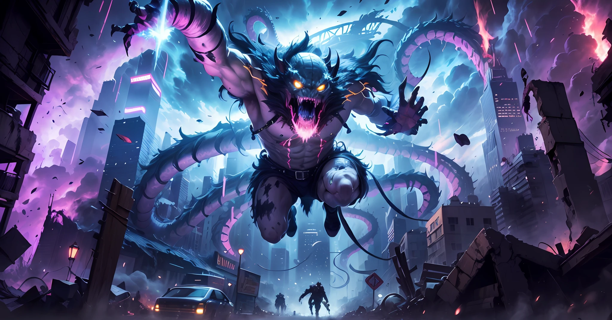 a picture taken from a video game shows a demonic creature in a city, arte splash shadowrun, arte de fantasia urbana estilizada, Dan Mumford Tom Bagshaw, inspirado em Aleksi Briclot, eldritch abomination, Venomfang, epic full color illustration, Dan Mumford. arte conceitual, monstro de fantasia hiper realista, Criatura da loucura, monstro gigantesco, criaturas pela cidade.