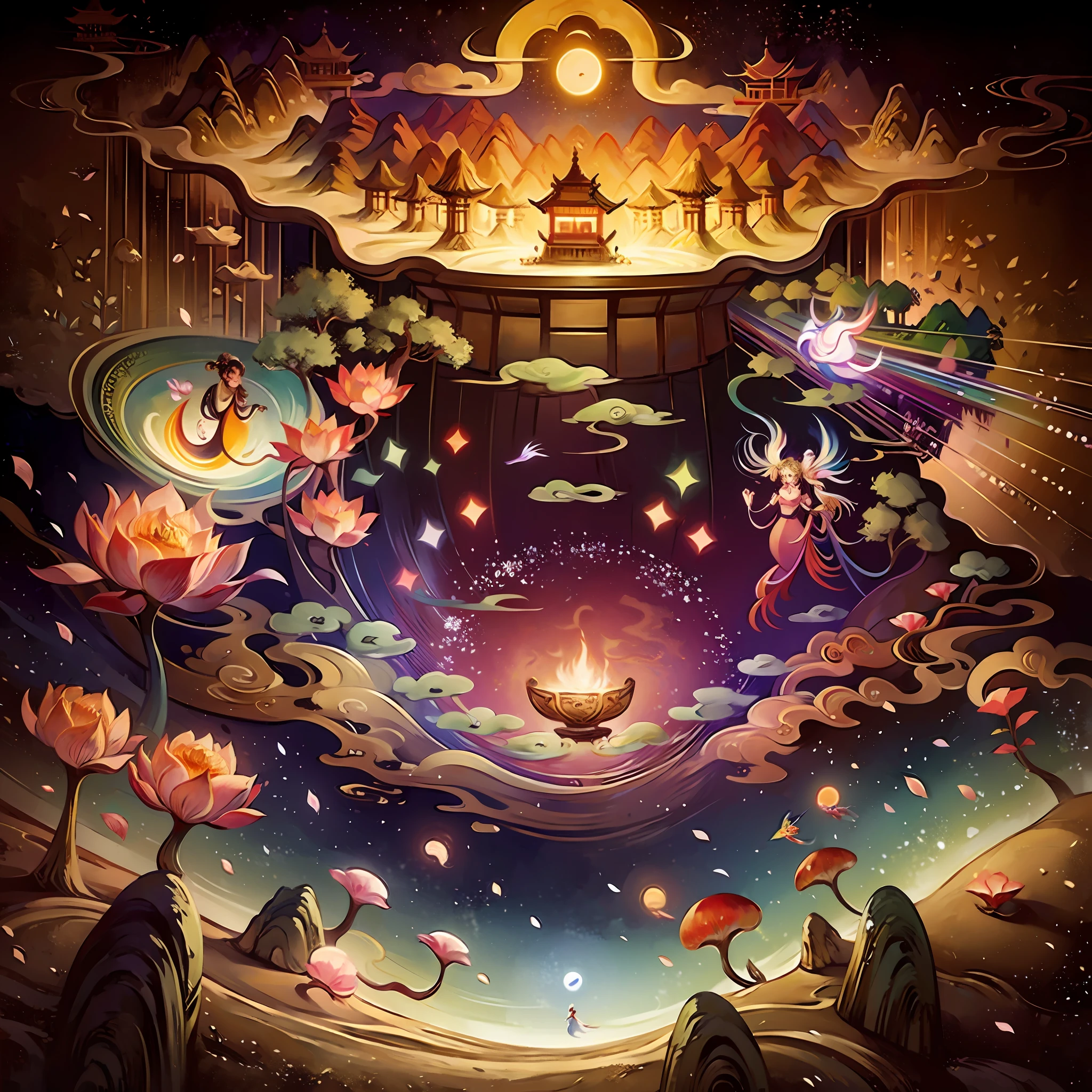 An ancient Chinese painting, ancient Chinese background, mountains, rivers, auspicious clouds, pavilions, sunshine,(psychedelic details),(mushrooms),lotus,(rainbow),(trippy),(DMT),intricate details, more details, high details,masterpieces, super detail, epic composition, ultra HD, high quality, extremely detailed, official art, unified 8k wallpaper, Super detail, 32k -- v 6