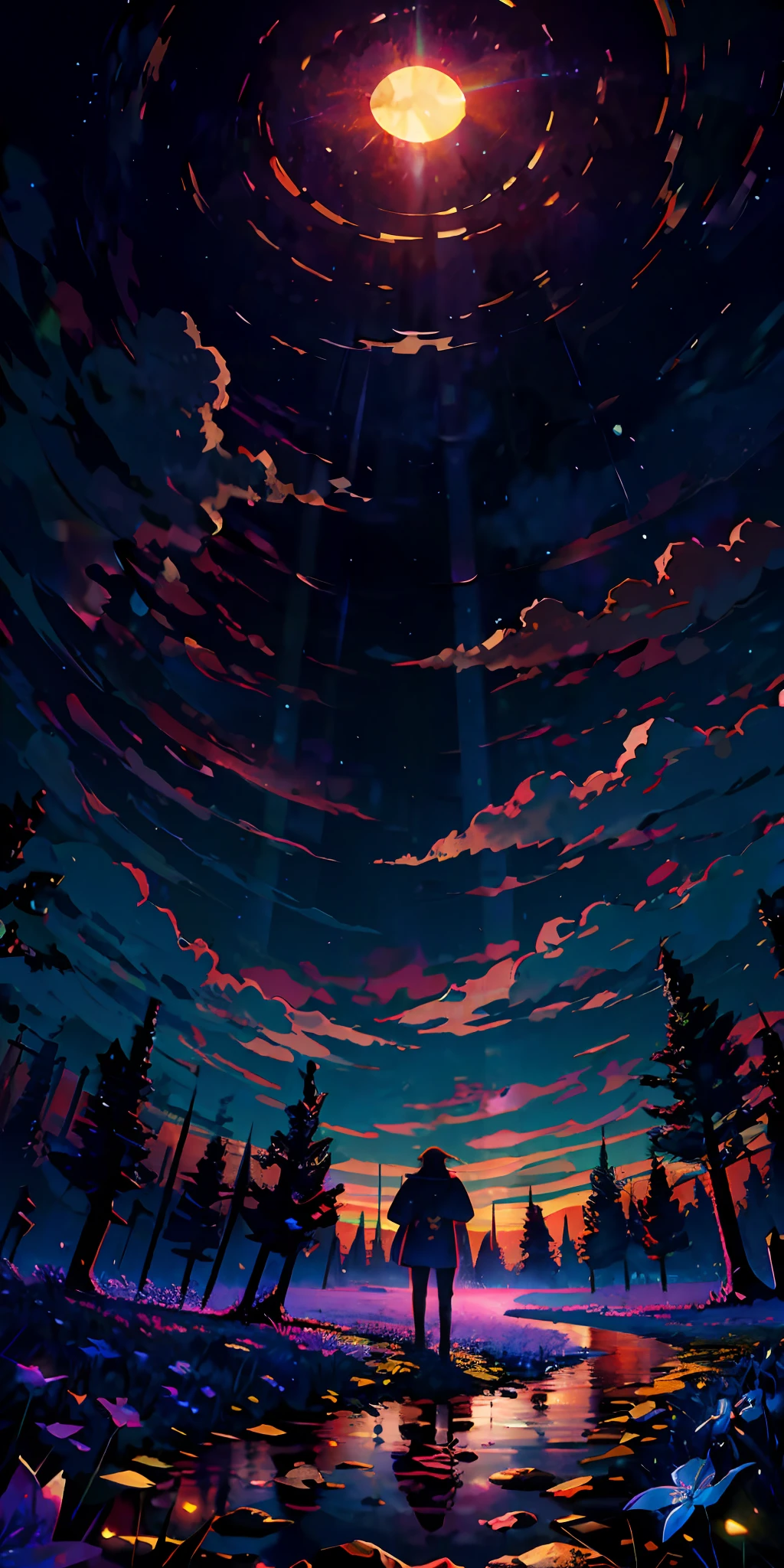 anime art of a man standing in a field with a giant star in the sky, background artwork, jen bartel, calm night. digital illustration, background art, lofi art, detailed sky, lofi artstyle, anime background art, anime sky, skies, night sky, in the style dan mumford artwork, anime background, colorful skies