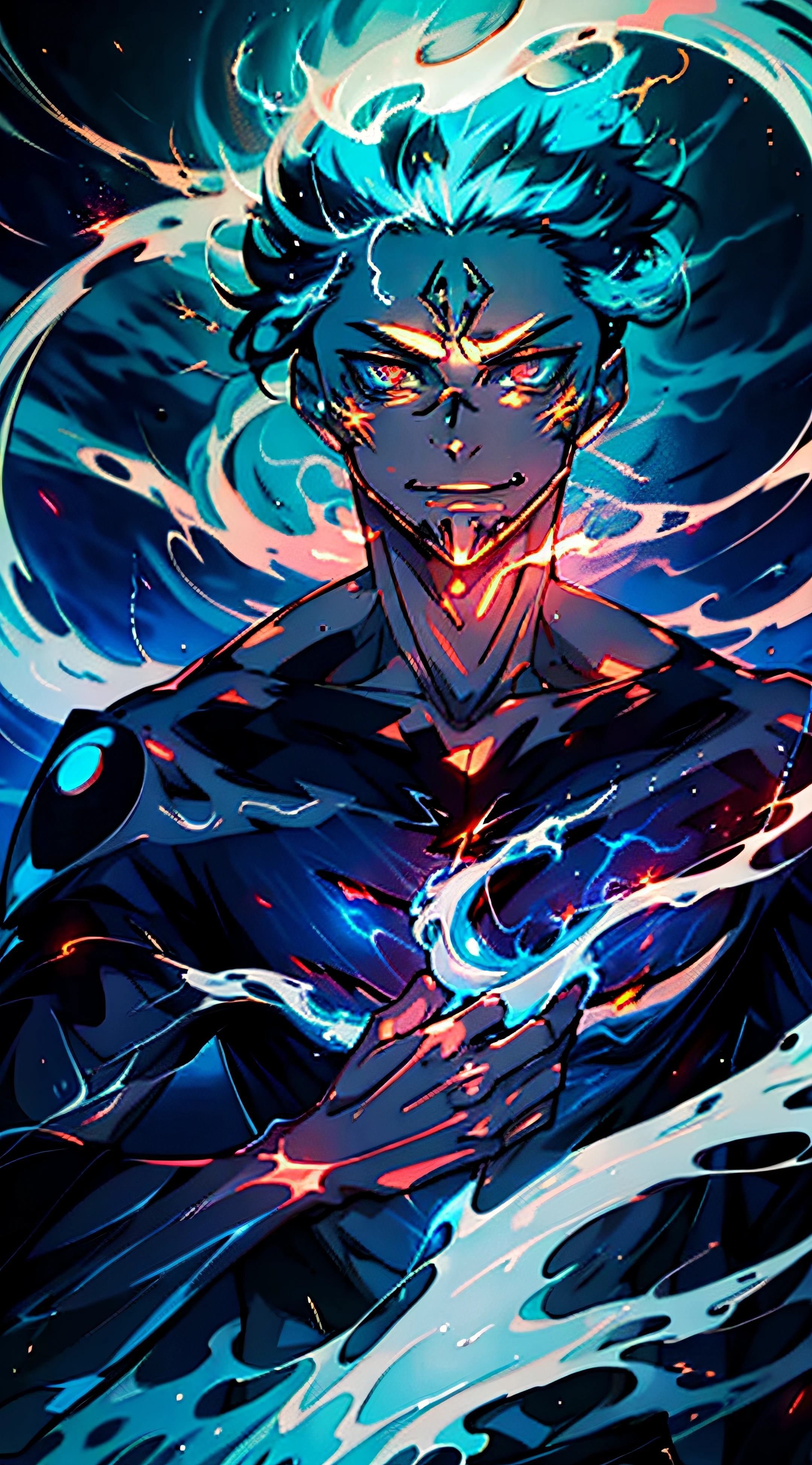 Close up of a man with lightning on a blue and gold background，Glowing black halo，Aura of evil，8K anime，An epic anime with lightning power，Epic anime style，Menacing aura，Aura of darkness，Evolved into his final form，Glowing aura of power，Cosmic forces shine and prosper，Many lightning bolts surround the characters