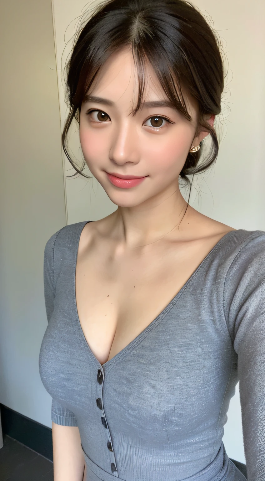 ((Best picture quality, 8K, a masterpiece of:1.3)), 1girl huge large breasts, Beautiful woman with slender abs:1.3, (Casual hairstyle, :1.2), Sexy dress,Ultra-fine face, detailed eye, 双眼皮,ssmile,Take pictures in cute poses,The figure is very bad,tiny small waist,A big-breasted,Close-up,Close-up chest,White-skinned,lindo cenario