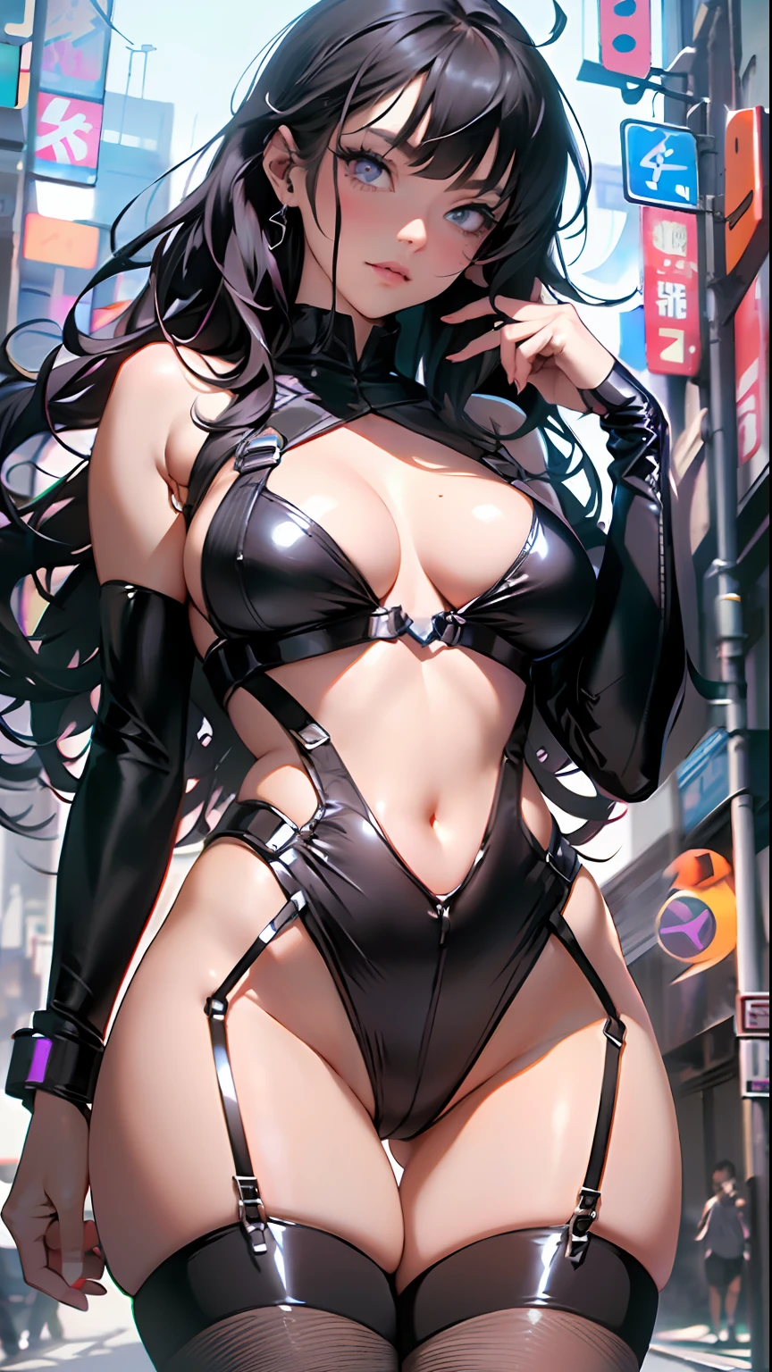 girl spacepunk, (1girl:1.3), ((1 extremely cute and beautiful black haired anime girl seductively walking down the street)),

(large breasts:1.4), saggy breasts, (((black wavy hair:1.35, absurdly long unkempt hair, messy hair, bangs;1.35,  colored inner hair, ear breathing))), ((purple eyes:1.3, upturned eyes:1.3, perfect eyes ,beautiful detailed eyes, rainbow glows ultra-detailed deep green purple eyes:1.1, gradient eyes:1, finely detailed beautiful eyes:1, symmetrical eyes:1, big highlight on eyes:1.2)), (fat:1.2),   7.5 life size, (((lustrous skin:1.5, bright skin: 1.5, skin tanned, shiny skin, very shiny skin, shiny body, plastic glitter skin, exaggerated shiny skin))), (spider lower abdomen, narrow waist, wide hip, athletic body, inflated legs, delicate detailed fingers, hand consists of a short thumb and four fingers, hand with just five fingers, detailed body, detailed arms, human hands, detailed hands,), 

cute, slutty, sensual, seductive look, seductive, erotic, enchanting, nsfw, 

zettai ryouiki, revealing clothing, show skin, (wearing a mechanical space body armor:1.3, micro bikini,  bare legs), (detailed outfit, detailed clothes),

(dynamic pose:1.0), solo focus, embarrassed, centered, scale to fit dimensions, Rule of thirds,

outdoors, (cyberpunk Background: 1.5, detailed background:1.25),

(Isometric: 1.0), double exposure, (masterpiece, best quality:1.3), (highres:1.5), absurdres, ultra detailed, cinematic light, realistic, ultra-realistic, high contrast, extraordinarily nice, vibrant colors,  (intricate), HDR (High Dynamic Range),Ray Tracing,NVIDIA RTX,Super-Resolution,Unreal 5,Subsurface dispersion, PBR texture, Post-processing, Anisotropic filtering, Depth of field, Maximum clarity and sharpness, Multilayer textures, Albedo and specular maps, Surface shading, Accurate simulation of light-material interaction, Octane Render, Two-tone lighting, Wide aperture, Low ISO, White balance, 8K RAW, Saturation boost,