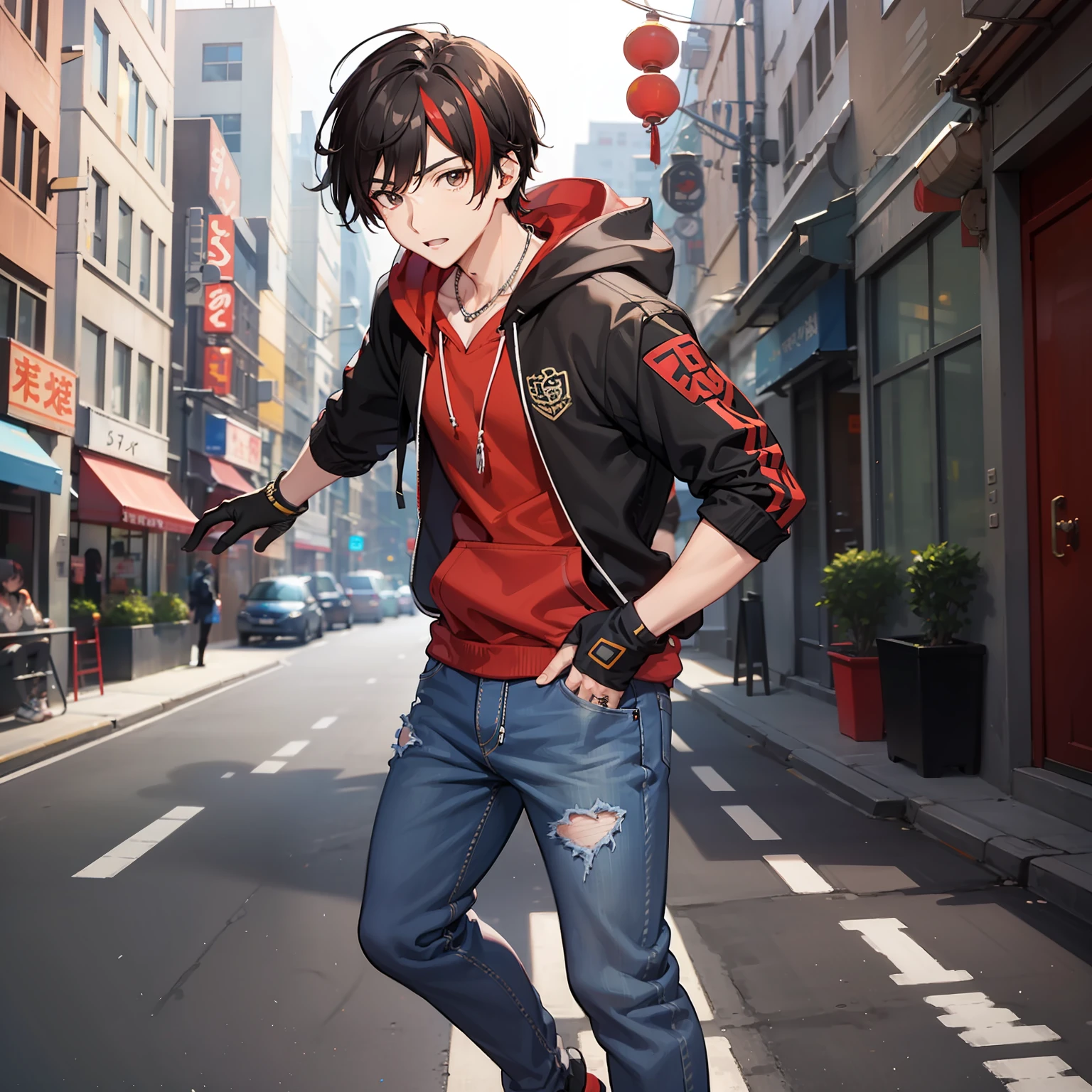 a chinese male, with short black hair, red streaked hair, Brown eyes, necklace, No sleeve hoodie shirt, Rune gloves, Jeans, sport shoes, Heroes, anime figure