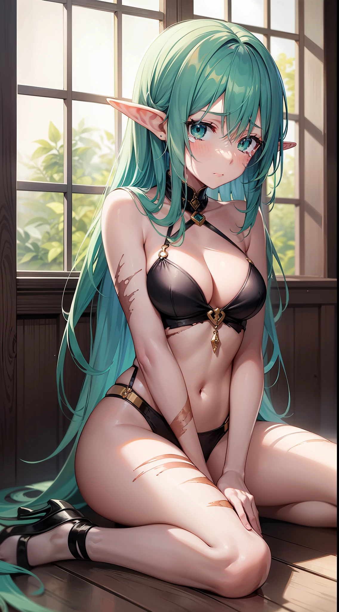 young girl, long blue sloppy hair, Green eyes, elf ears, Scars, Burns, ripped clothes, Sitting on the ground, sorrow, Tears, Masterpiece, highly quality