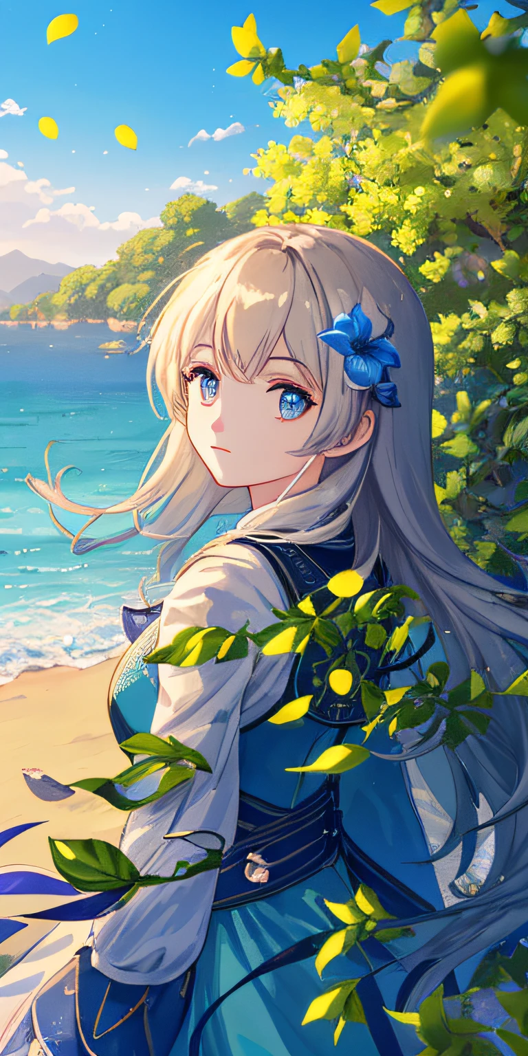Masterpiece, best quality, (very detailed CG unity 8k wallpaper) (best quality), (best illustration), (best shadows) Nature', blue sea,delicate leaves petals of various colors falling in the air light Tracking, super detailed --v6