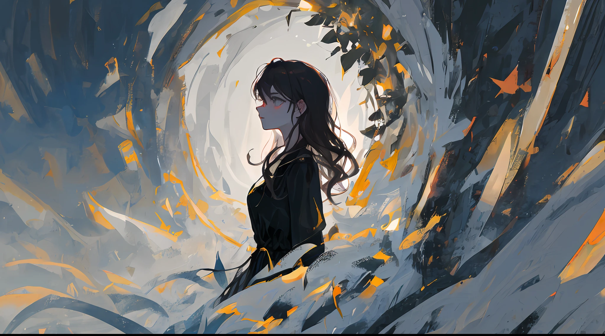 (highres, ultra detailed), 1girl, (beautiful detailed face), high contrast, (best illumination, an extremely delicate and beautiful), ((cinematic light)), young female, wavy black hair, long hair, grey eyes, black dress, finely detailed eyes and detailed face, thin face, slender body, extremely detailed, wallpaper, intricate details, pale skin, elegant, majestic, tired, dark fantasy, side profile painted portrait, magic.