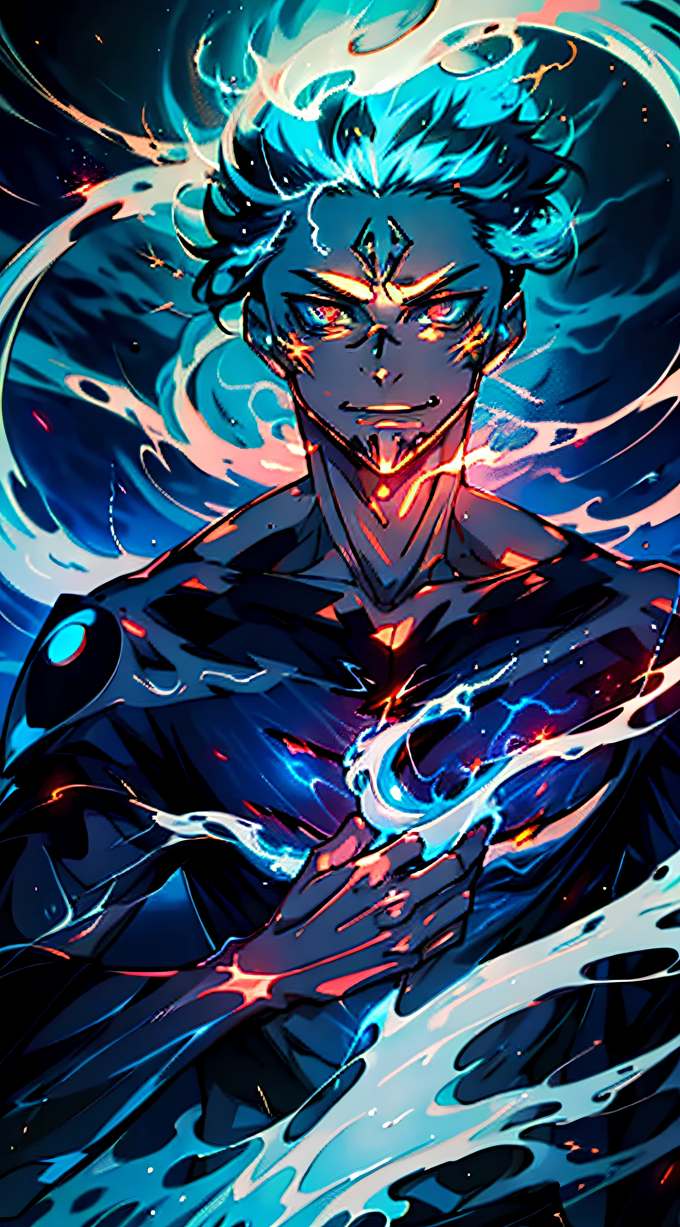 Close up of a man with lightning on a blue and gold background,Glowing black halo,Aura of evil,8K anime,An epic anime with lightning power,Epic anime style,Menacing aura,Aura of darkness,Evolved into his final form,Glowing aura of power,Cosmic forces shine and prosper,Many lightning bolts surround the characters