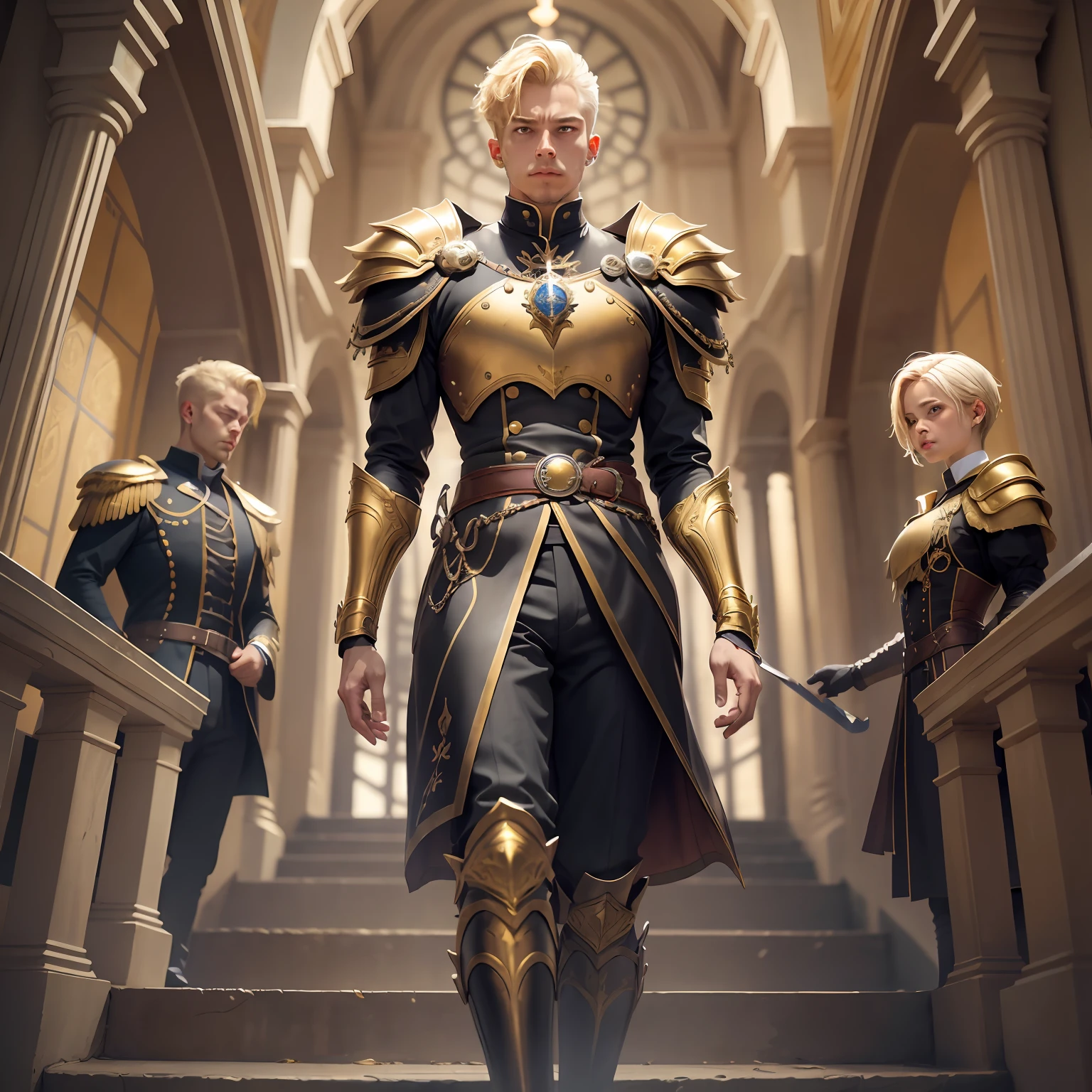 archangel with blonde hair, golden armor with a White robe, a sword and shield of gold and diamond in the sky --auto