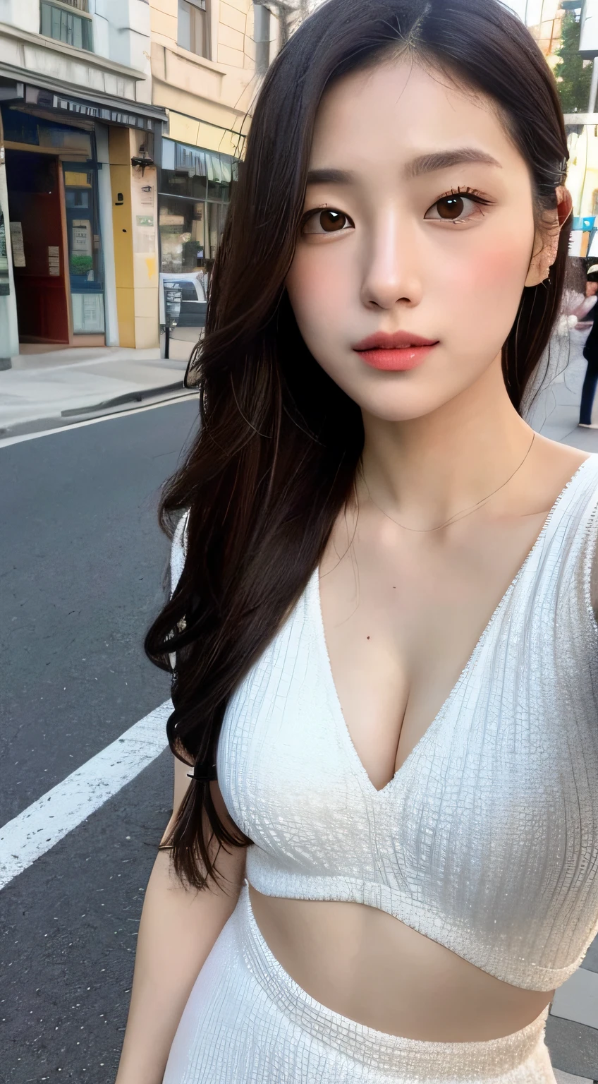 ((Best picture quality, 8K, a masterpiece of:1.3)), 1girl huge large breasts, Beautiful woman with slender abs:1.3, (Casual hairstyle, :1.2), Sexy dress，Ultra-fine face, detailed eye, 双眼皮，ssmile,Take pictures in cute poses，The figure is very bad，tiny small waist，A big-breasted，Close-up，Close-up chest，White-skinned，streets background