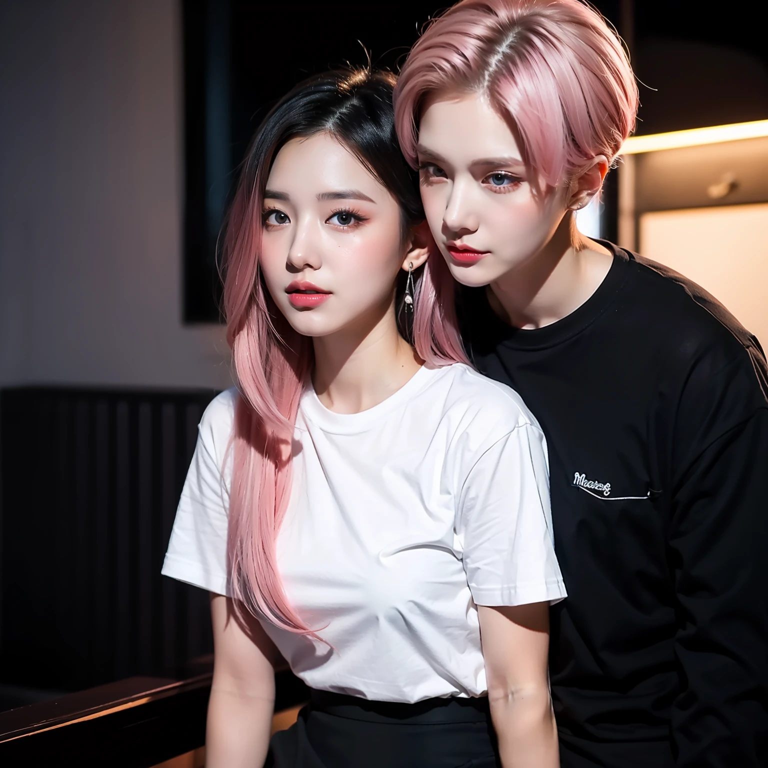 a girl who wears black skirt and white T-shirt and pink hair in the night, with a her boyfriend who wears white T-shirt and black short and black hair hugging the girl, detailed eyes and face and hands, masterpiece, high quality, 4k 8k