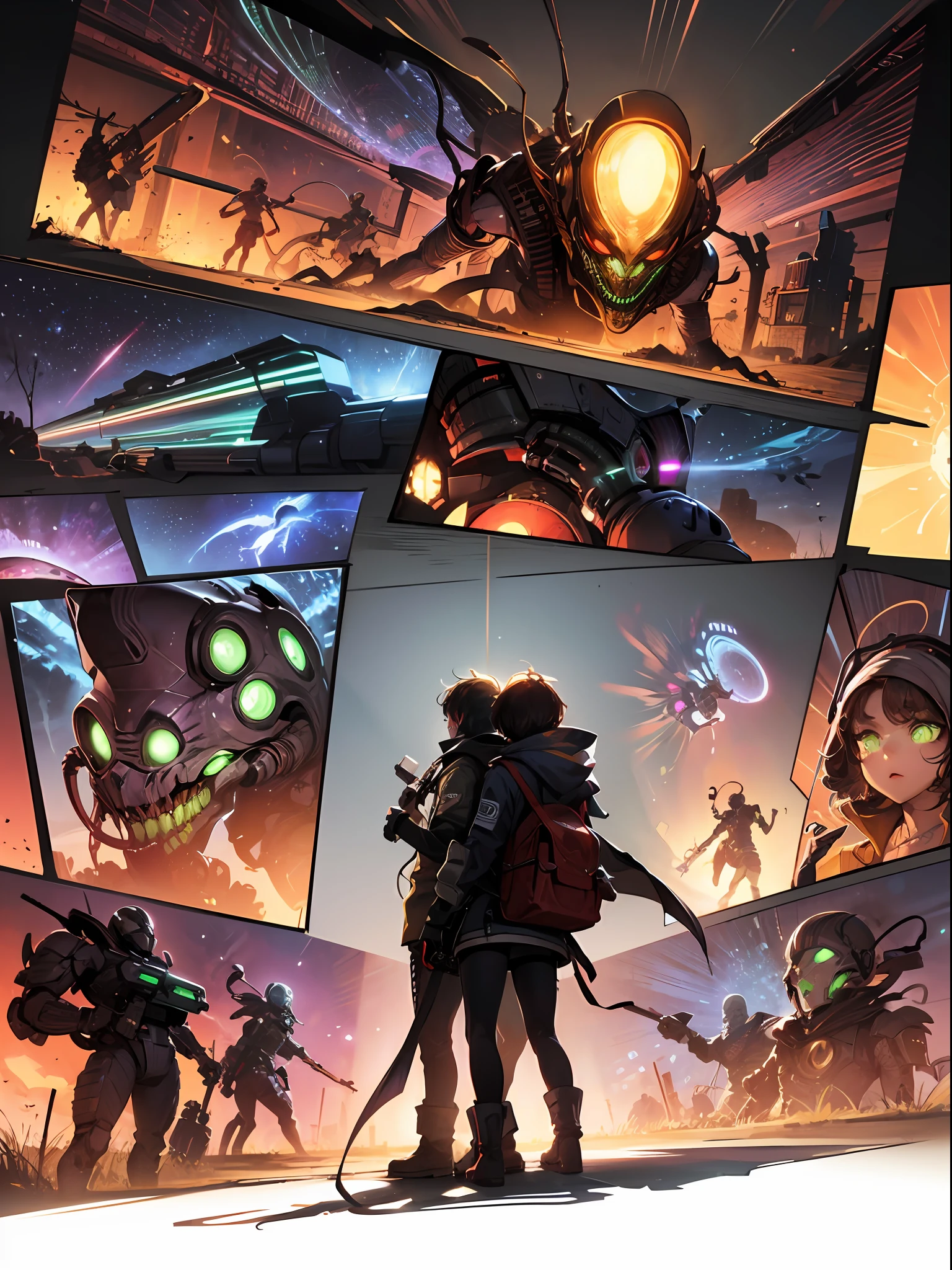 A detailed、Smooth shadows、neons、（（isometria））Rendering of the world of alien predator sci-fi organic technology，intrikate、gracefully、illustratio ，（（Cool boy）），（flathead，Short Hair Hair，scar）
