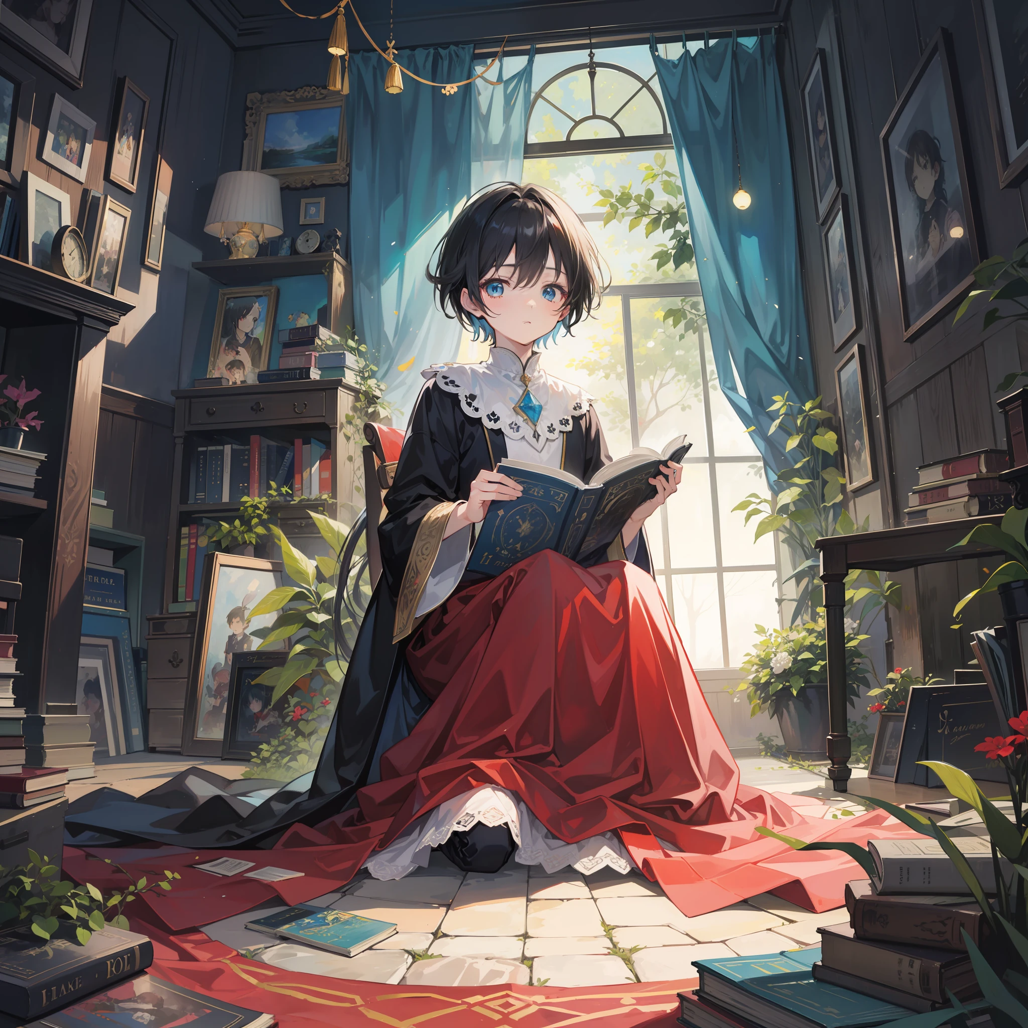 Anime Pictures。water color art。Shades like old books。A boy about 10 years old is sitting on the floor reading。Fairy forest and glowing stones in boy's fantasy world on lace curtain behind、A treasure trove is reflected。Extremely high quality、high picture quality、Extremely sensitive writing