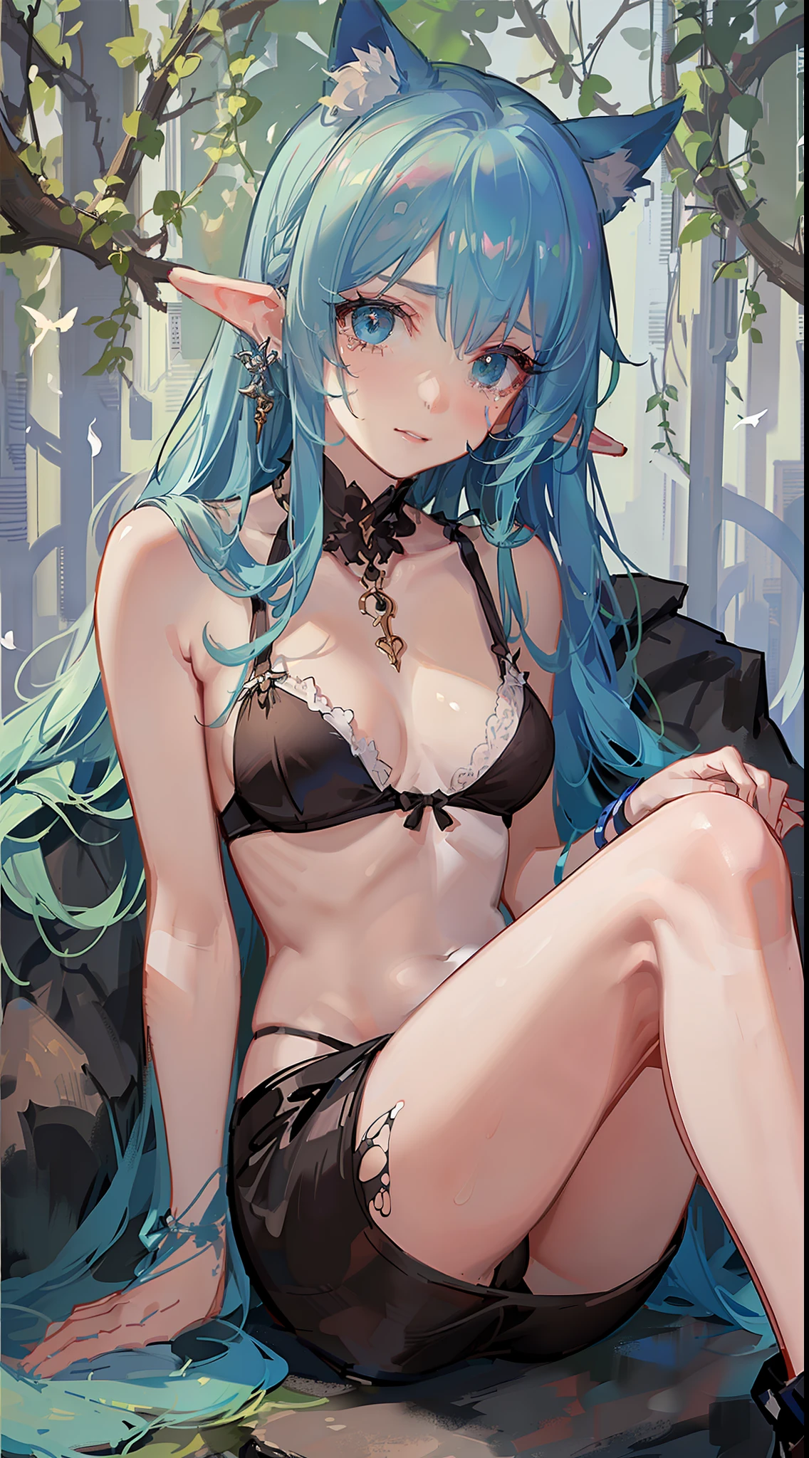 young girl, long blue sloppy hair, Green eyes, elf ears, Scars, Burns, ripped clothes, Sitting on the ground, sorrow, Tears, Masterpiece, highly quality