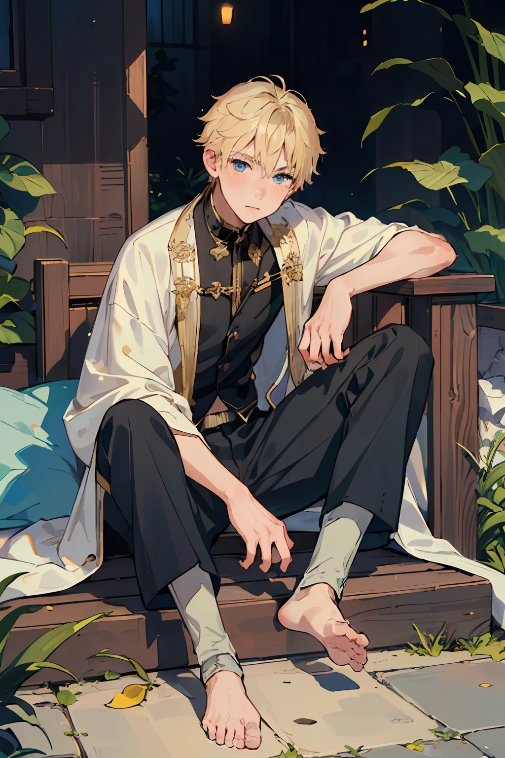(AS-Young:1.7), (1boy:1.8), (male focus:1.2), (cute:1.7) solo, solo focus, masterpiece, ((exquisite_detail)), illustration, (handsome), extremely_detailed_CG, blue eyes, blonde hair, blush, golden robe, city boy, leaf, looking at viewer, sitting down, (spread legs:0.9), (barefoot:0.9), cute boy, shorts