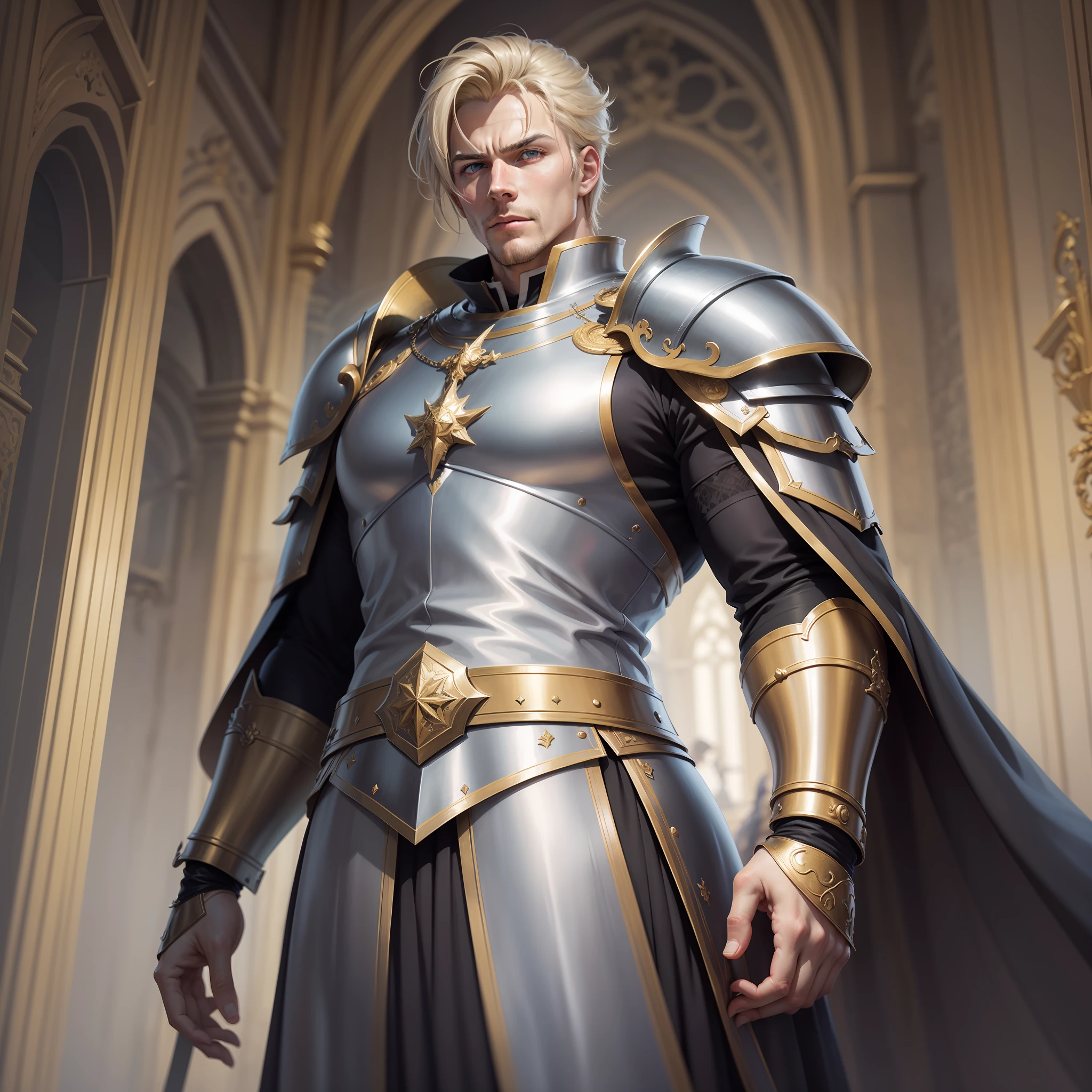 realistic image in anime style art of a tall, strong man, 30s, blond with short hair, blue eyes, ironic expression, dressed in black clerical garb, with silver armor on his chest and with golden shoulder pads, rpg warrior, standing in a wide hall of a royal palace