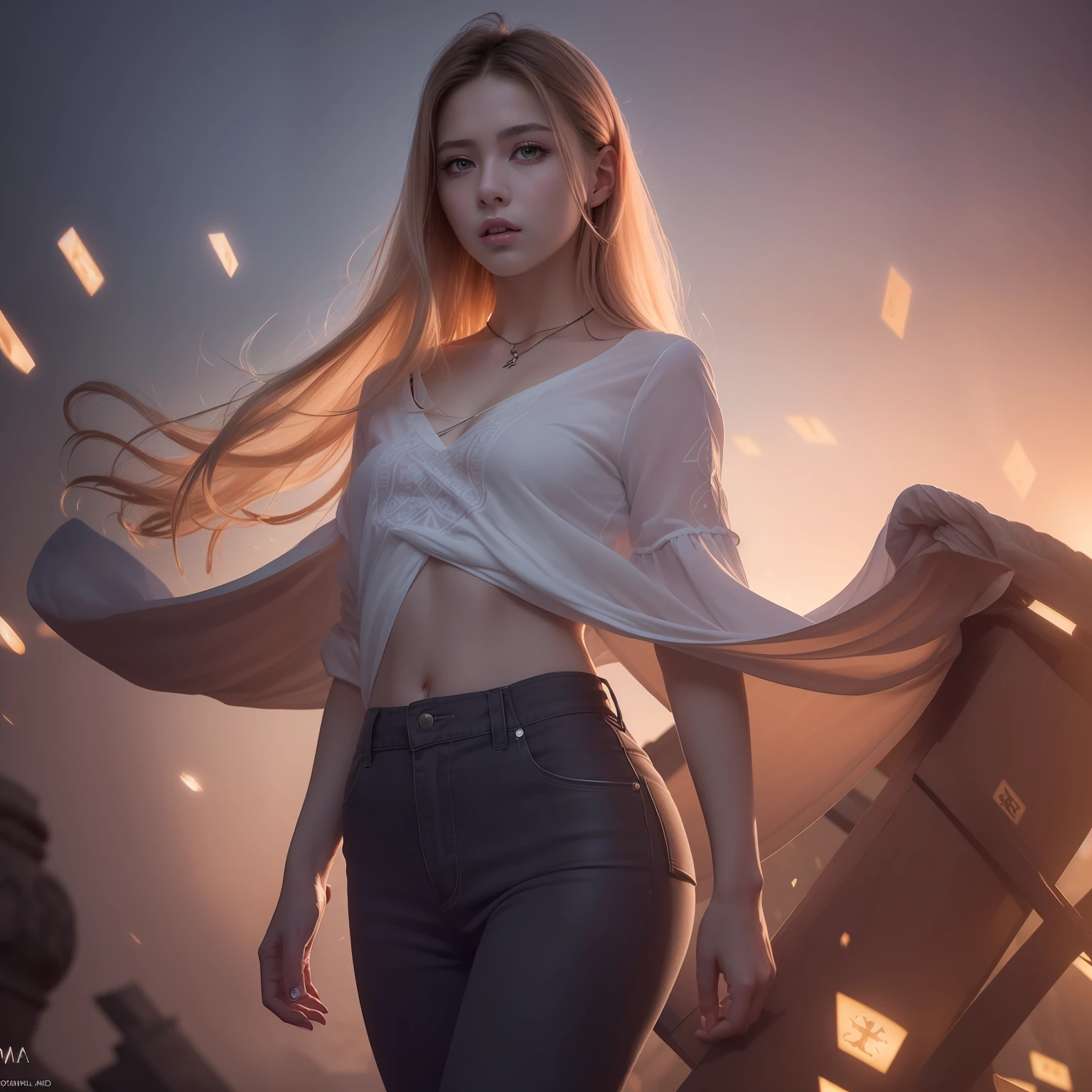 (masterpiece, top quality, best quality, official art, beautiful and aesthetic:1.2), cute angry girl, detailed face, ((red eyes)), small chest, long white hair, full body, violet blouse and pants, luminous effects, highest detailed, floating particles, ancient runes, geometric patterns, realistic, V0id3nergy , mana, shadows, epic atmosphere --auto