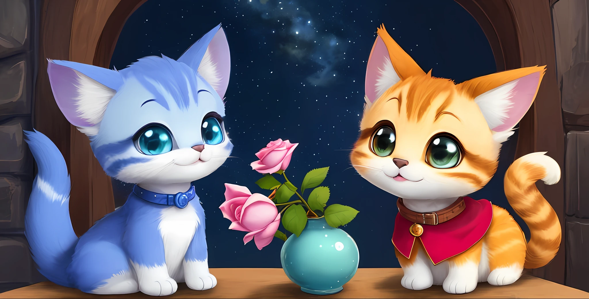 Un chaton avec une petite queue, un petit nez, petites oreilles, yeux bleus, fond rose, fleur, Vases, dreams, ouvrir bouche, sourire, Caroline Chariot-Dayez pastels, Tumblr, furry art, Elokitty, Le chat Bambi de Disney, Disney's stylized furry, oreilles flottantes, queue moelleuse, moelleux '', Pelucheux !!!, High resolution, furry art!!! La lune, petite taille