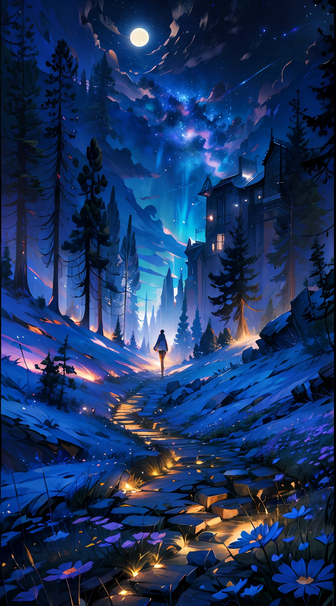 expansive landscape photography, (a bottom view showing the sky above and open country below), a girl standing in a field of flowers looking up, (full moon: 1.2), (shooting stars: 0.9), (nebula : 1.3), distant mountain, BREAK tree production art, (warm light source: 1.2), (Firefly: 1.2), lamp, lots of purple and orange, intricate details, volumetric lighting, BREAK realism (masterpiece: 1.2) , (best quality), 4k, ultra-detailed, (dynamic compositing: 1.4), highly detailed, colorful details, (iridescent colors: 1.2), (bright lighting, atmospheric lighting), dreamy, magical, (solo: 1.2)