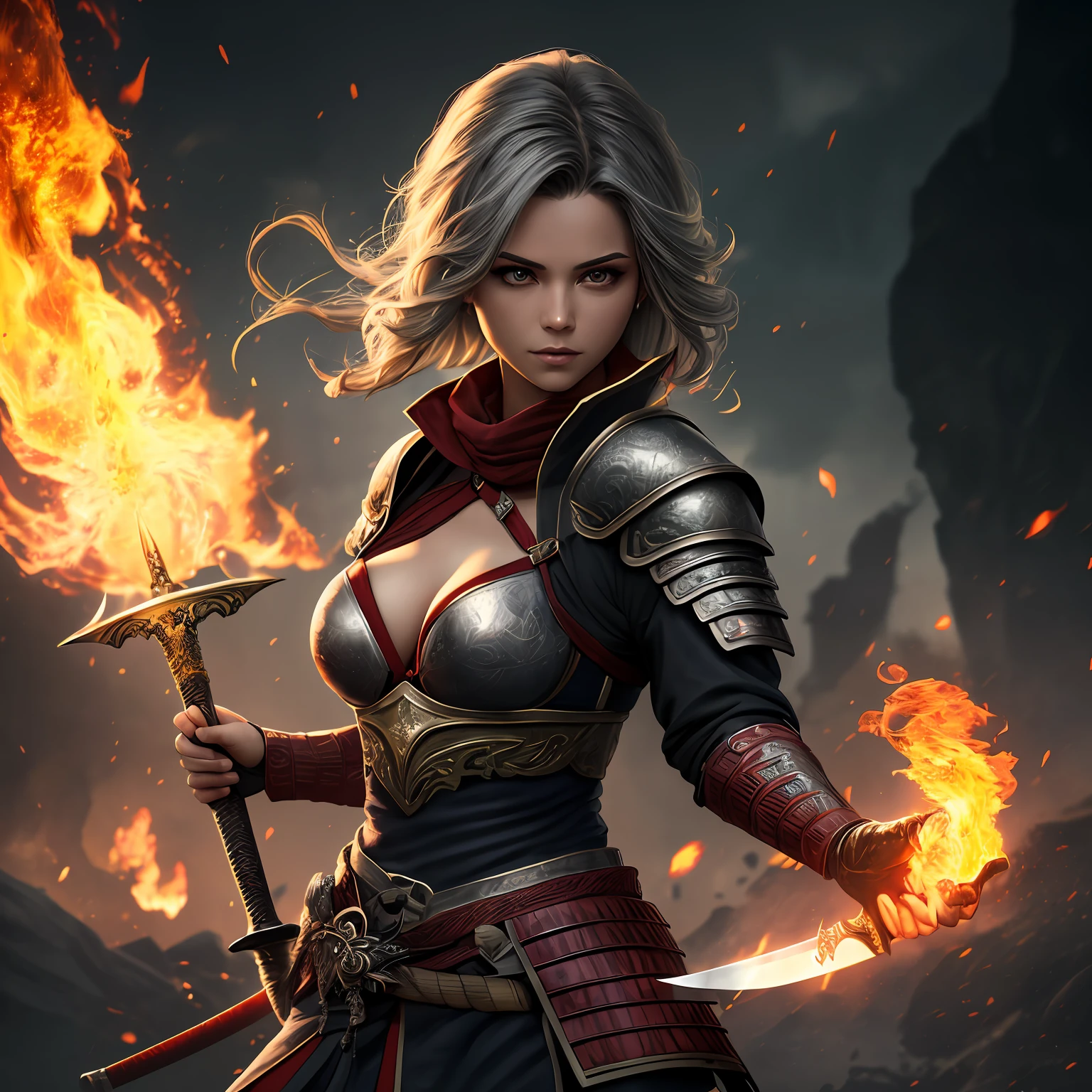 Photo of a hot aunt , highlighted gray hair , samurai shoulder armor, chest covered by bra , particle,wind ,flames ,backlighting,rim lighting,upper body,hot pose, small breast, swordwoman, woman with a sworm, dynamic pose, one woman holding sword, (masterpiece:1.2), (best quality), (ultra detailed), (8k, 4k, intricate),(full-body-shot:1), (85mm),light particles, lighting, (highly detailed:1.2),(detailed face:1.2), (gradients), sfw, colorful,(detailed eyes:1.2)(detailed background),detailed landscape, (dynamic angle:1.2), (dynamic pose:1.2), (rule of third_composition:1.3), (Line of action:1.2), moody lighting --auto