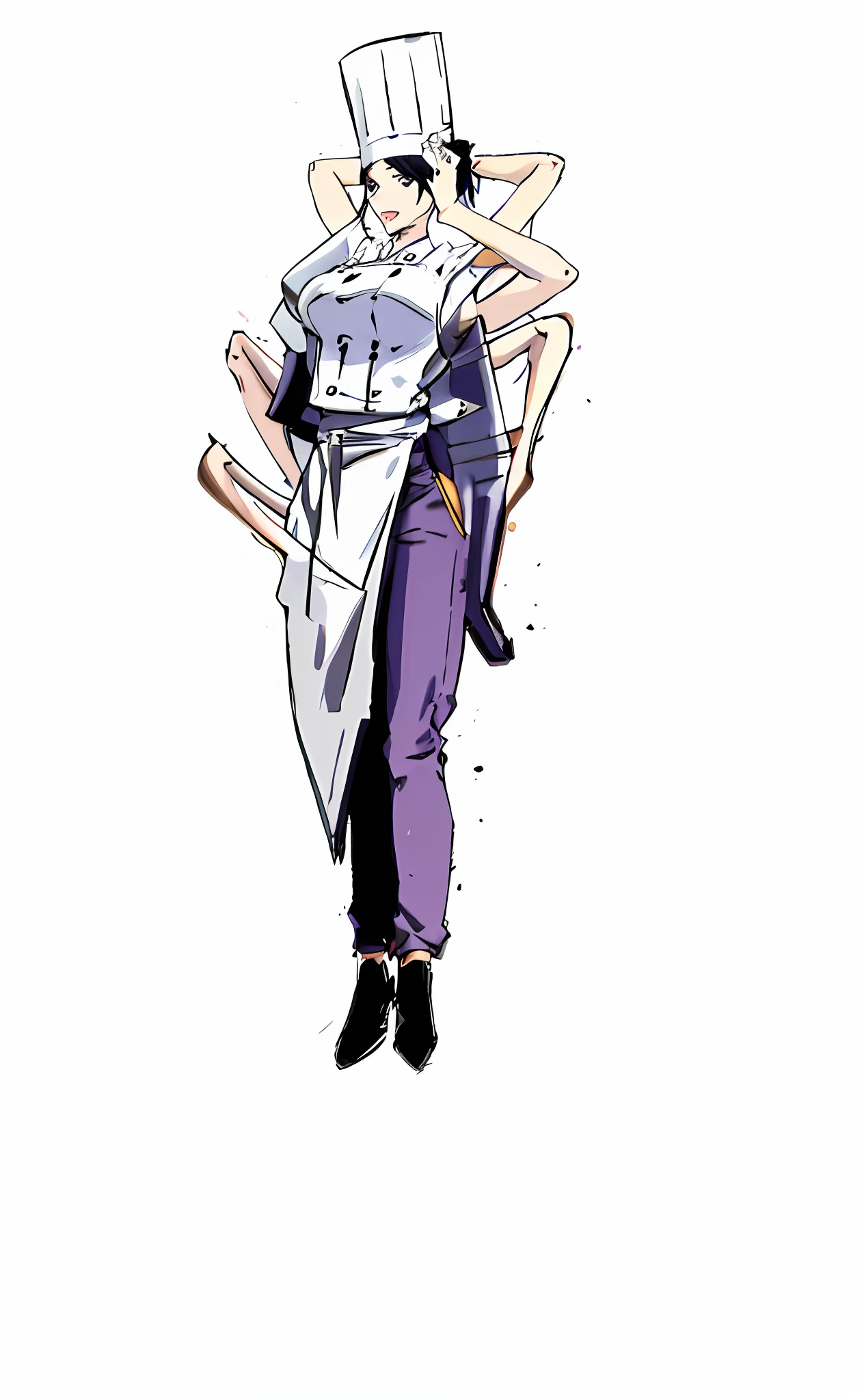 simplebackground,Plain white background on back,Full body standing painting,Anime character wearing purple pants in a white apron,full body concept, full body with costume,full body close-up shot, clear outfit design, full body wide shot, Head Chef,From the Chainsaw Man,Falling Demon,Multiple pairs of appendages,levitating