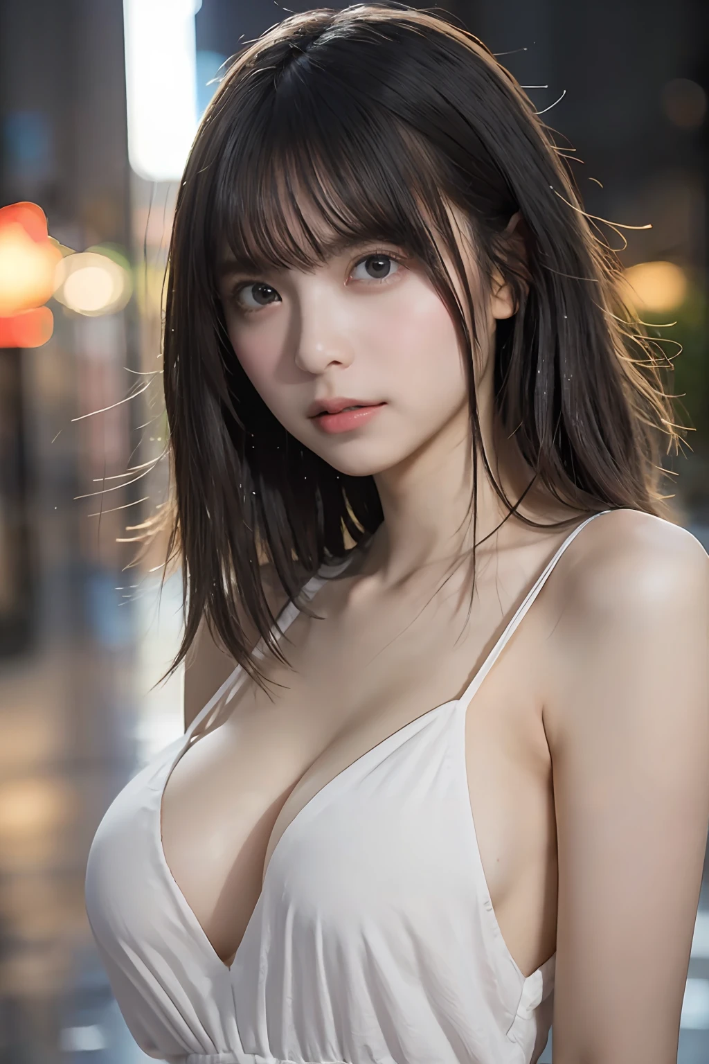 random pose, mix4, (8k, RAW photo, best quality, masterpiece: 1.45), (realistic, photorealistic: 1.37), one girl, cute, cityscape, night, rain, wet, professional lighting, photons mapping, radiosity, physically based rendering, gradient black hair, gray hair, short curly hair, handsome, girl, Deep V-neckline slip dress, top quality photo, high res, 1080p, (clear face), (detailed face description), (detailed hand description), (masterpiece), (exquisite CG), extreme light and shadow, disheveled hair, master work, rich details, (fine facial features), (highest quality photo), (masterpiece), (detailed eyes), look in front of you eyes, fine clavicle, ((large breasts)),