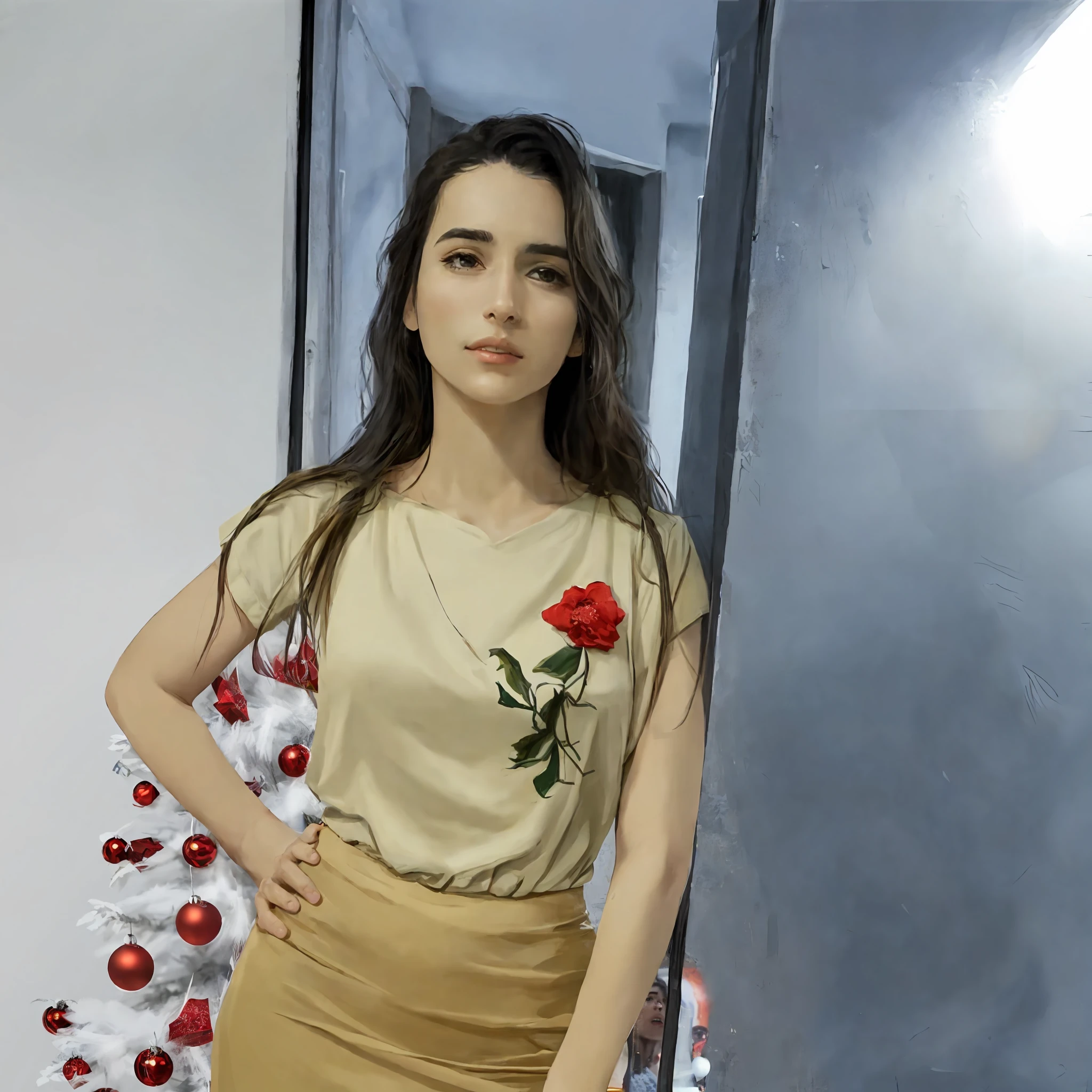 there is a woman standing in front of a christmas tree, fernanda suarez, Lorena Avarez, Valentina Embaralhamento, Alanis Guillen, andrea rocha, by Almeida Júnior, Adriana DXIM, Directed by: Nandor Soldier, Rosalia, linda senhora, by Amelia Peláez, Diego Dayer, mulher bonito