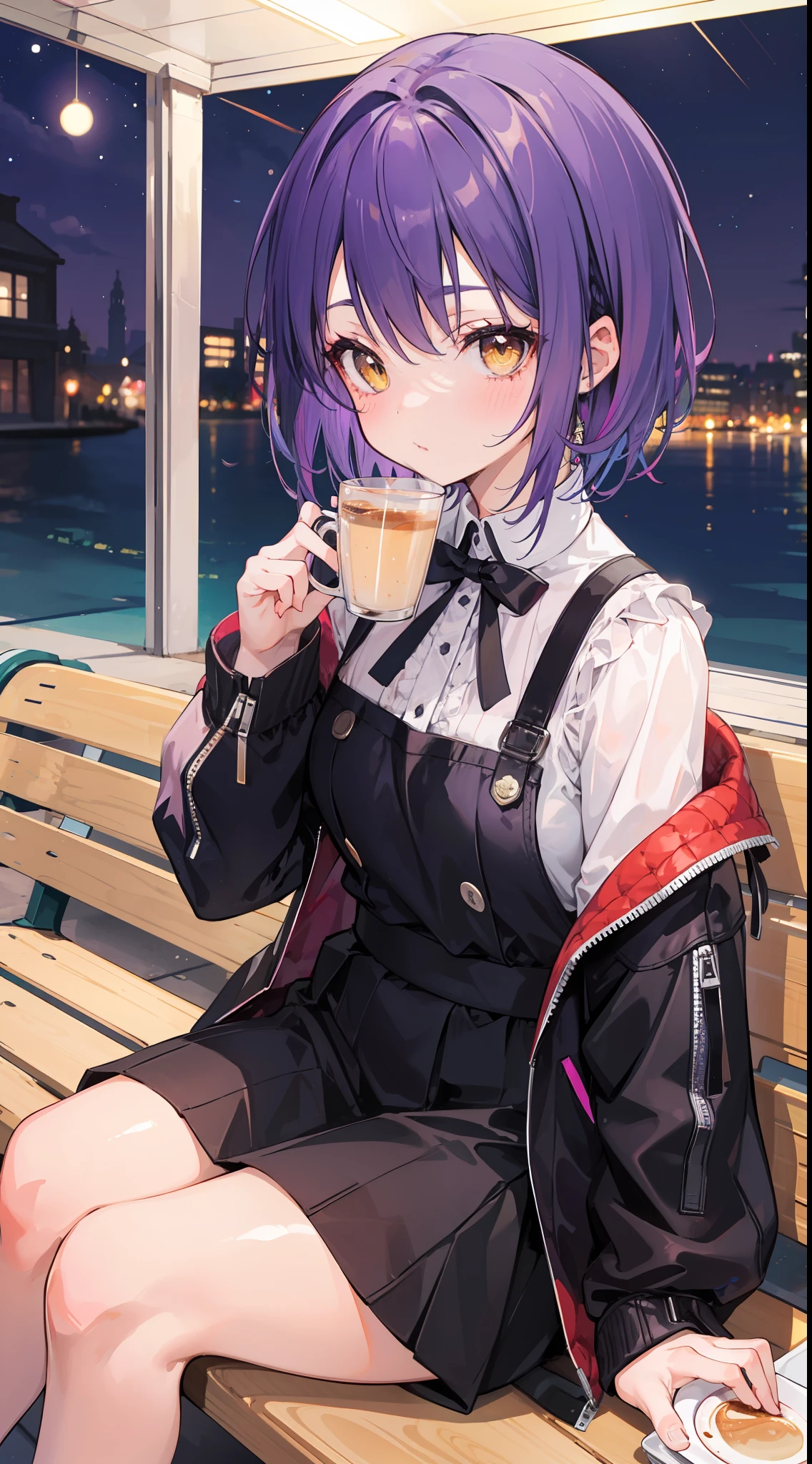 A girl, purple hair and bright yellow eyes, short hair, was sitting on a cafe bench, mascular girl, cheeks and chubby, night, cute