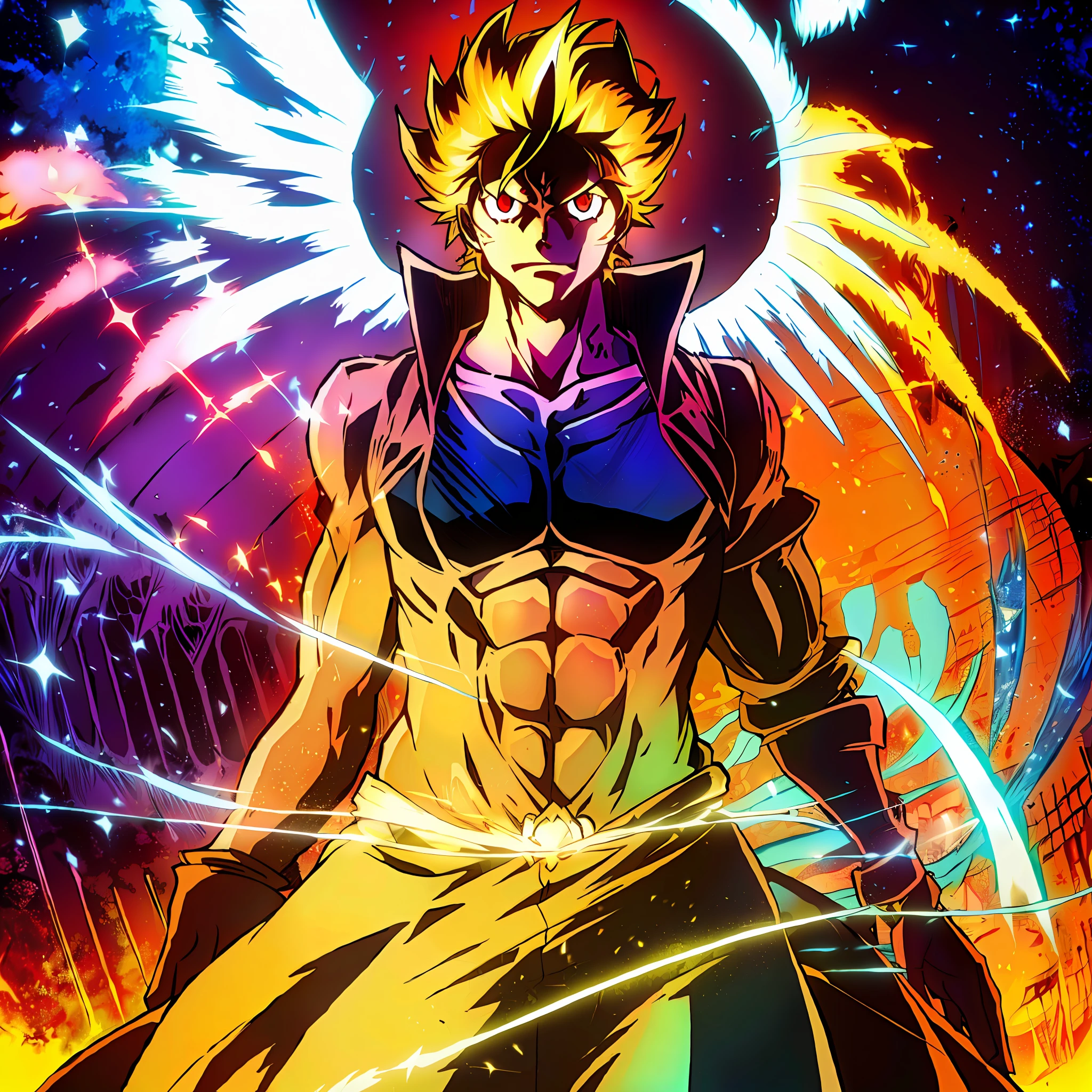 Anime - ((marco a fenix de one piece)), personagem marco a fenix de one piece no dentro da tela, fogo azul e amarelo circundando a tela, marco olhando para o telespectador, luzes brilhantes, cor vibrante. (Um homem), ((4k)), ((full hd)), ((detalhado)).