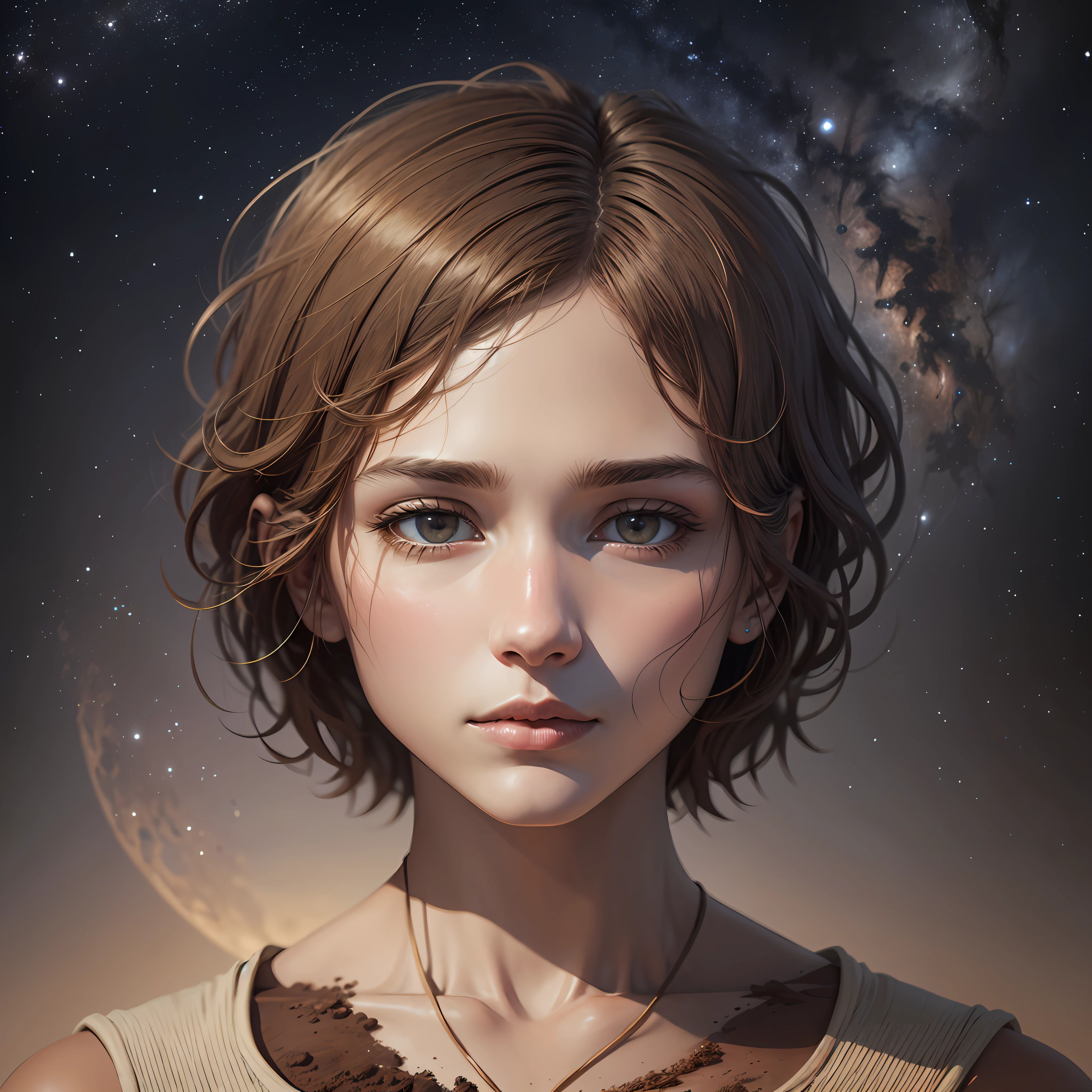 Create a realistic high-definition image, de 8 k, of a 35-year-old mystical man looking into the universe of stars, Upright from the right side. Your hair is dark brown, and his face has the feeling of peace, usa ropa blanca. --auto