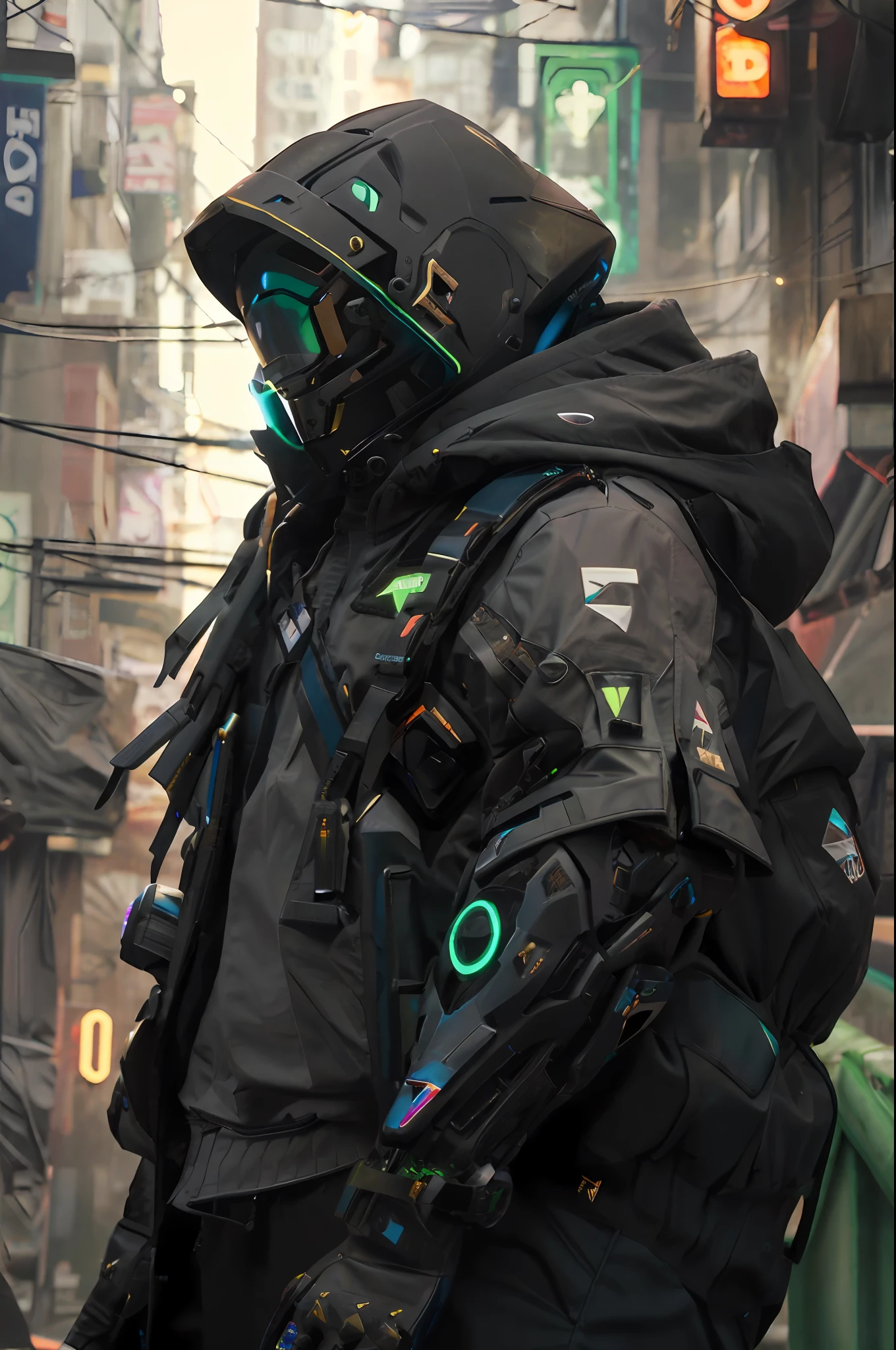 las marcas de la chaqueta convierte en triangulos azul neon, agrega un cibercasco realista del estilo daftpunk pero mas rudo e intimidante